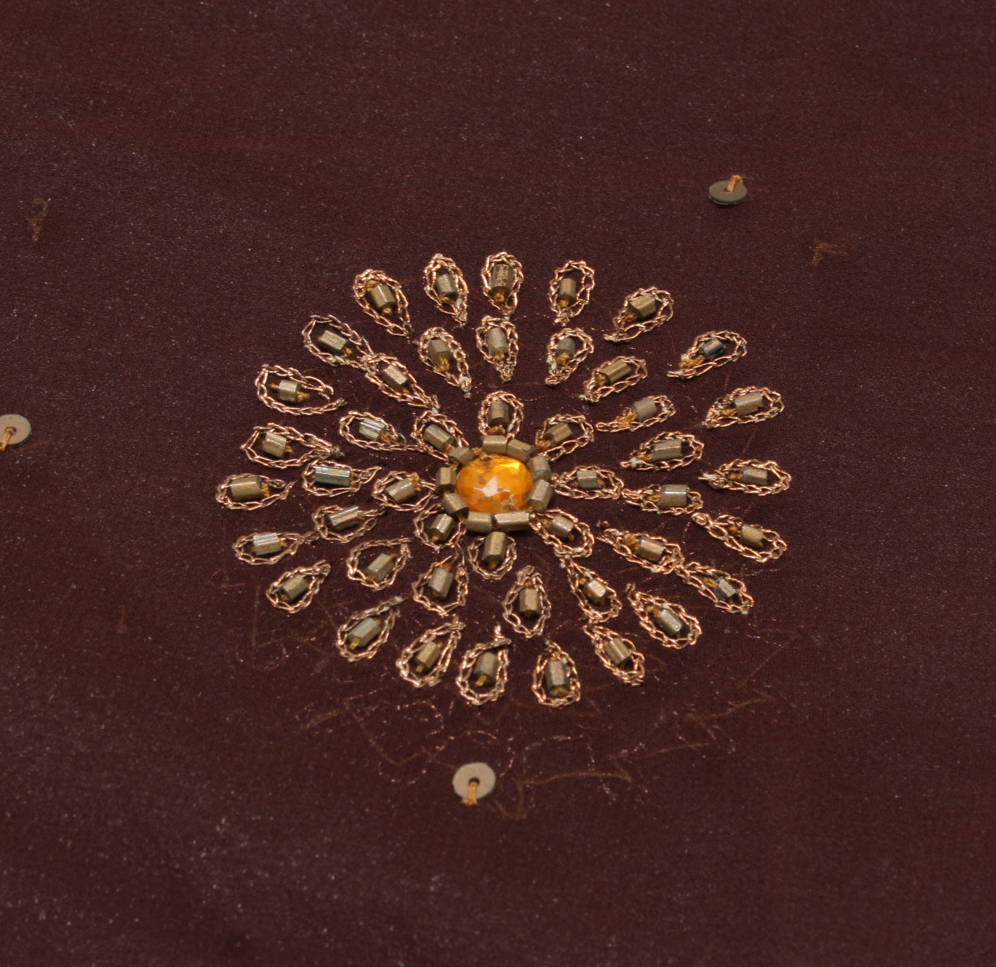 Sushila Vintage Brown Indian Saree Blend Georgette Hand Beaded Craft Sari Fabric
