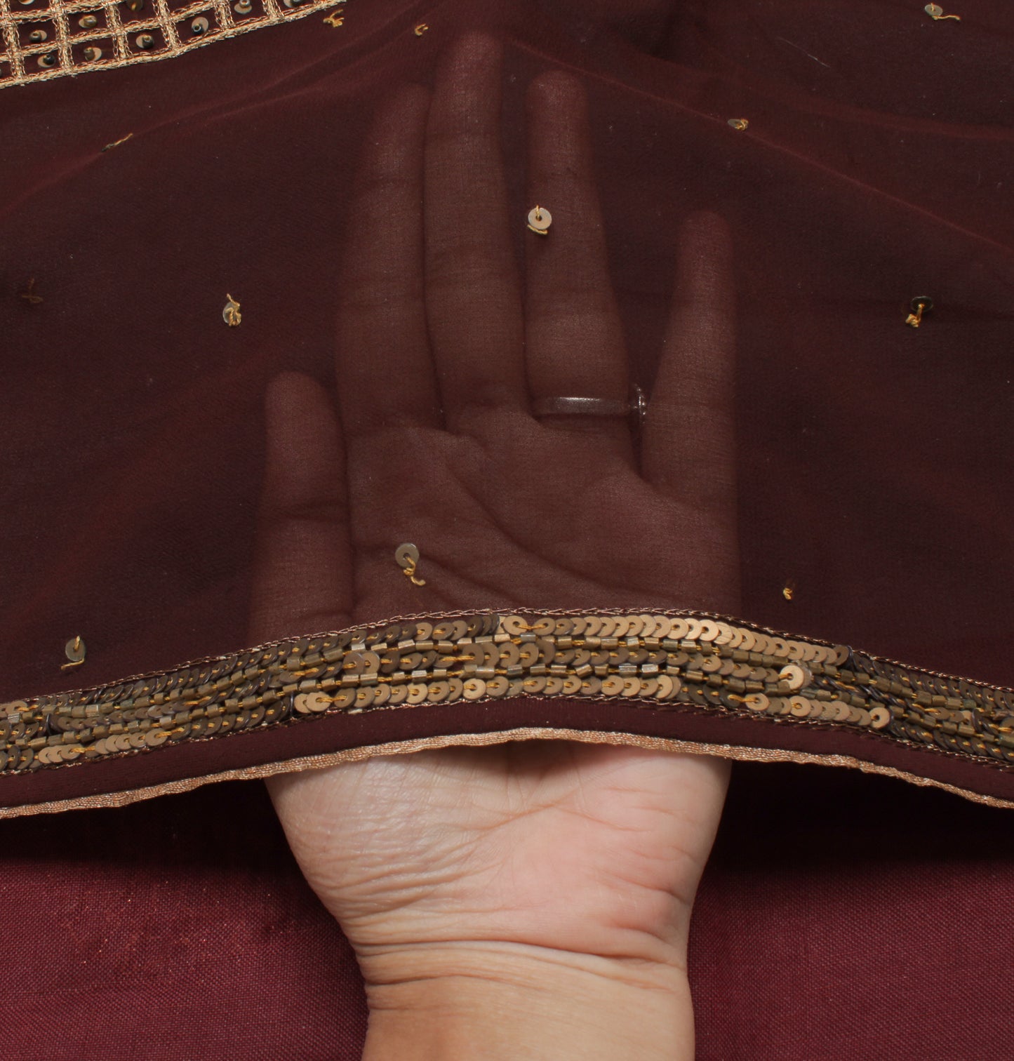 Sushila Vintage Brown Indian Saree Blend Georgette Hand Beaded Craft Sari Fabric