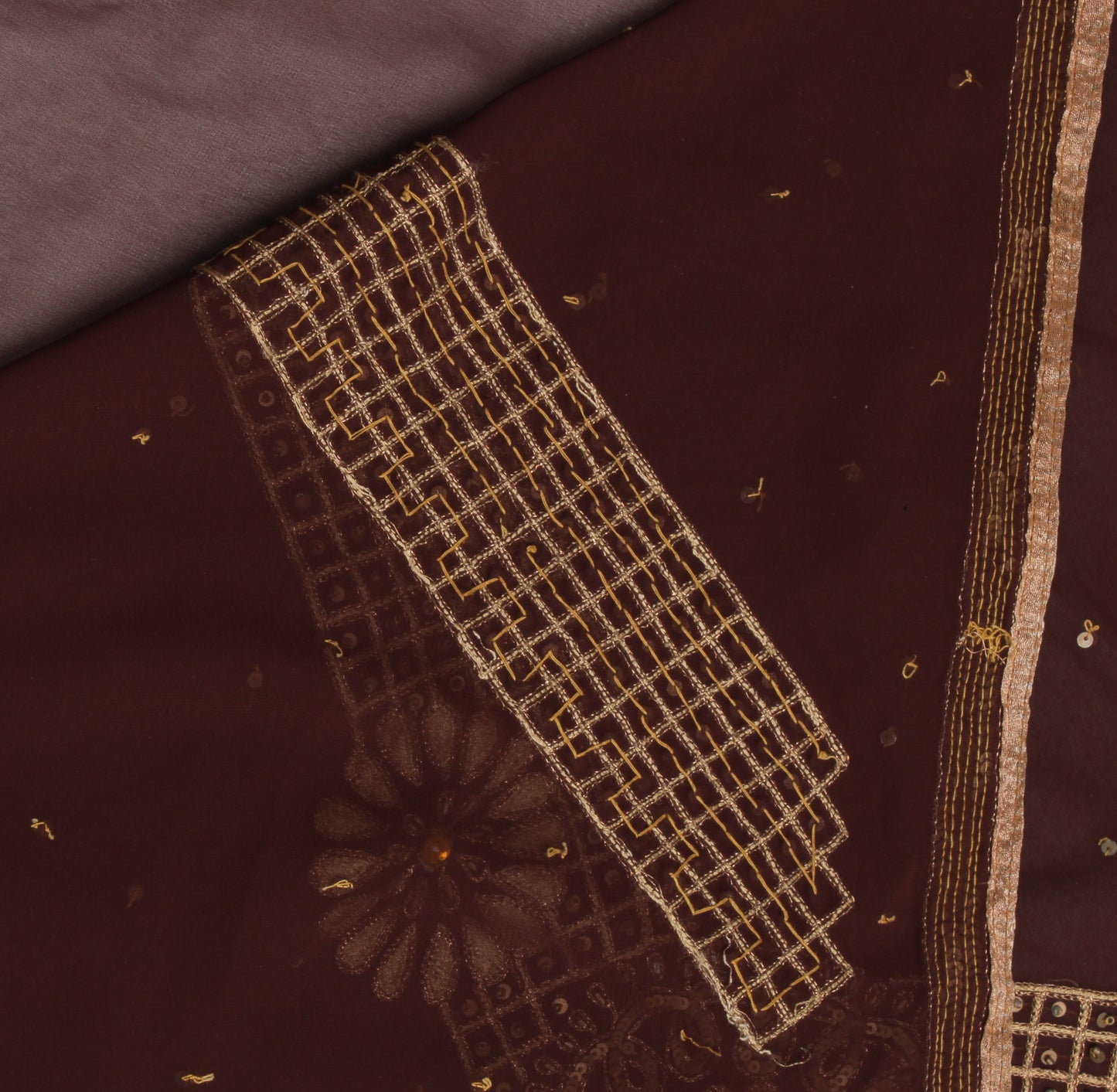 Sushila Vintage Brown Indian Saree Blend Georgette Hand Beaded Craft Sari Fabric