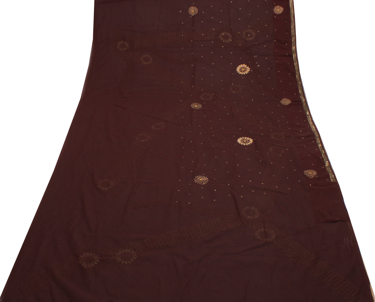 Sushila Vintage Brown Indian Saree Blend Georgette Hand Beaded Craft Sari Fabric