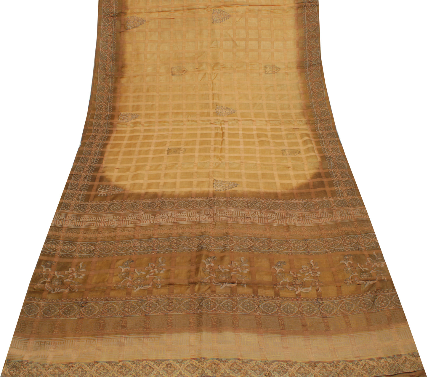 Sushila Vintage Brown Saree Pure Silk Printed & Woven Human Craft Sari Fabric