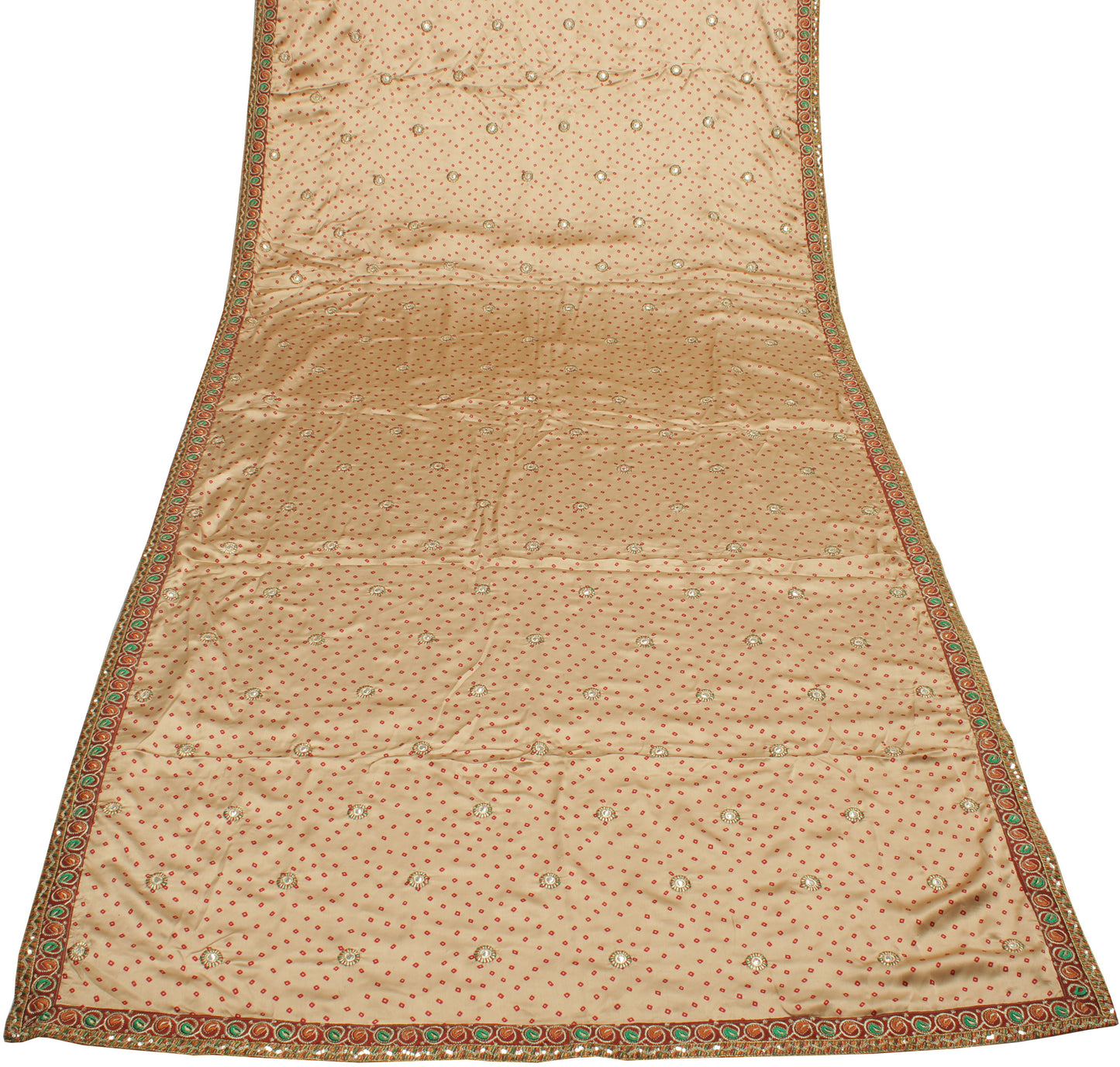 Sushila Vintage Light Brown Saree Blend Satin Silk Bandhani Printed Sari Fabric