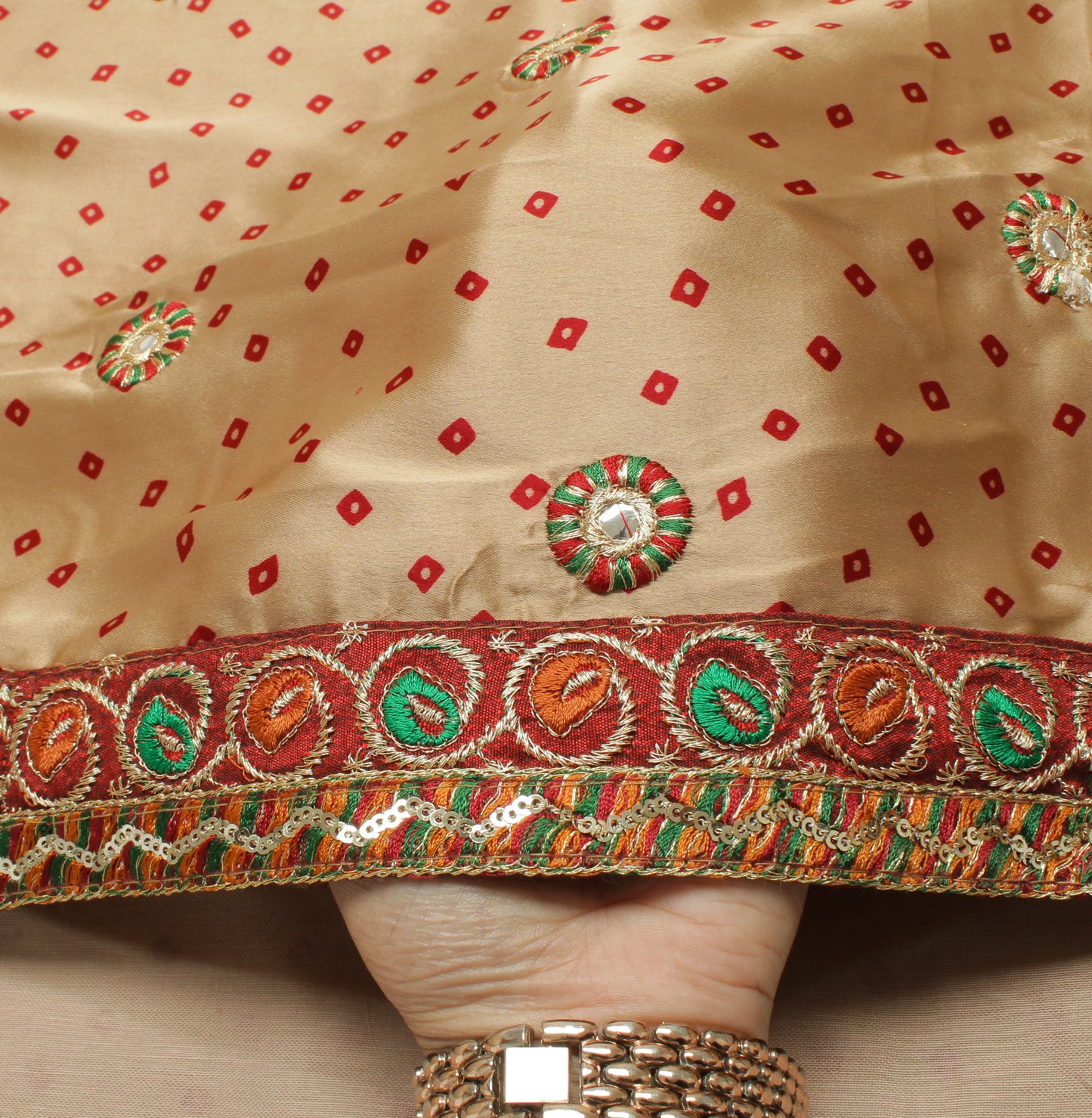 Sushila Vintage Light Brown Saree Blend Satin Silk Bandhani Printed Sari Fabric