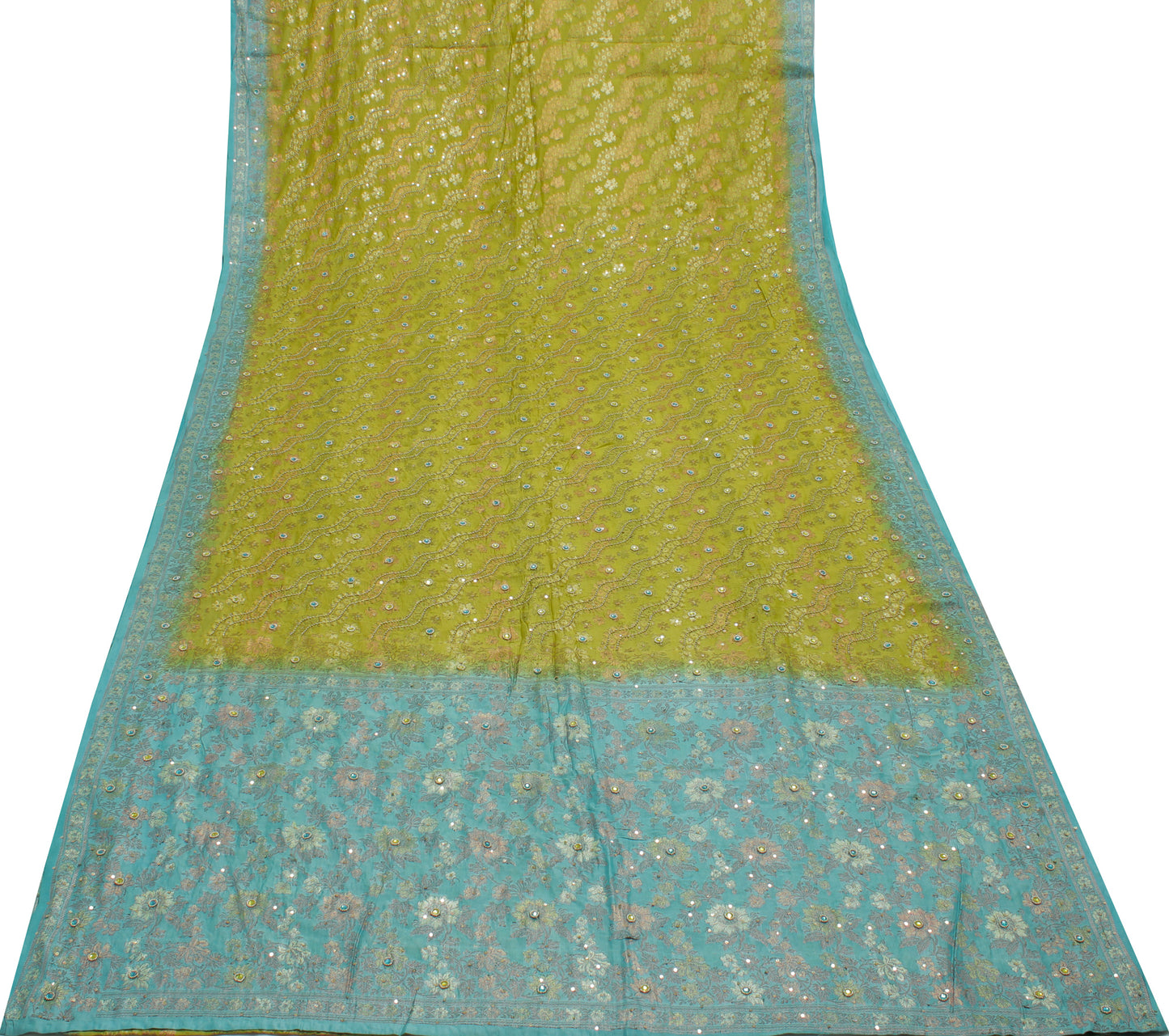 Sushila Vintage Green Saree Pure Silk Hand Beaded & Woven Floral Sari Fabric