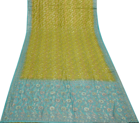 Sushila Vintage Green Saree Pure Silk Hand Beaded & Woven Floral Sari Fabric