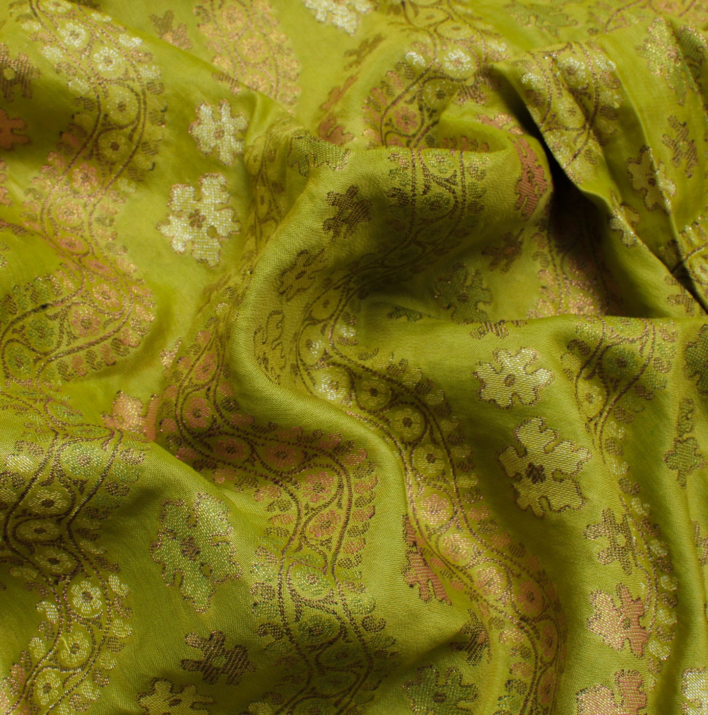 Sushila Vintage Green Saree Pure Silk Hand Beaded & Woven Floral Sari Fabric