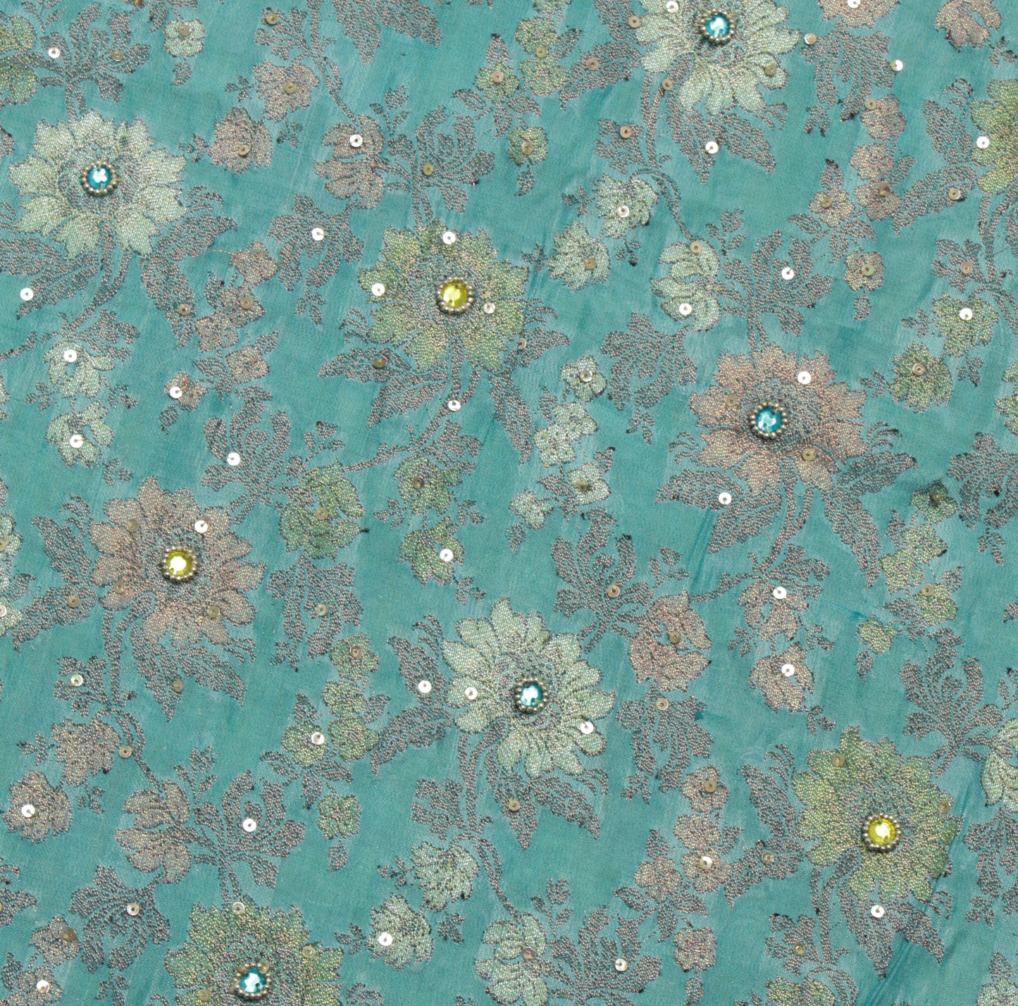 Sushila Vintage Green Saree Pure Silk Hand Beaded & Woven Floral Sari Fabric