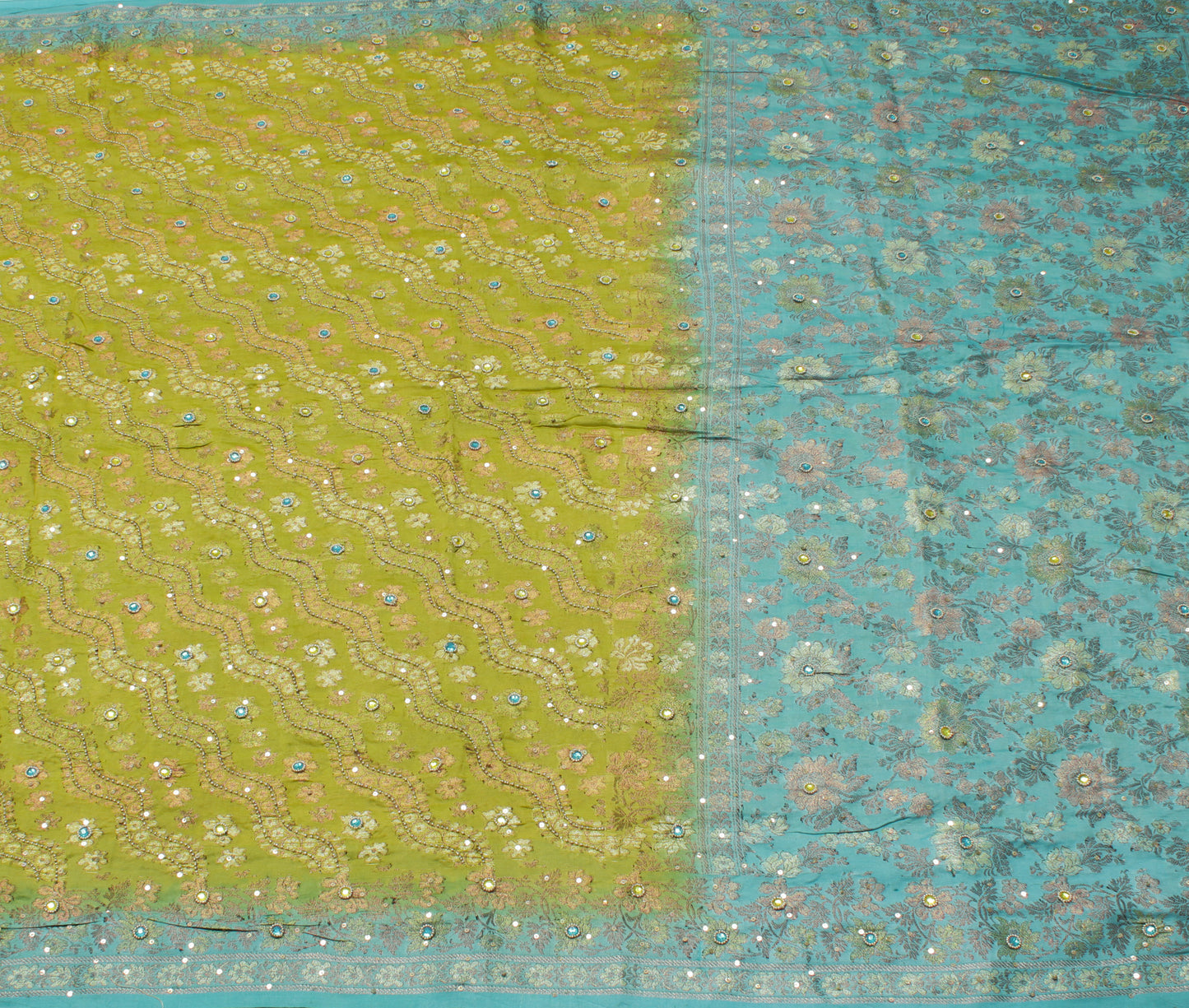 Sushila Vintage Green Saree Pure Silk Hand Beaded & Woven Floral Sari Fabric