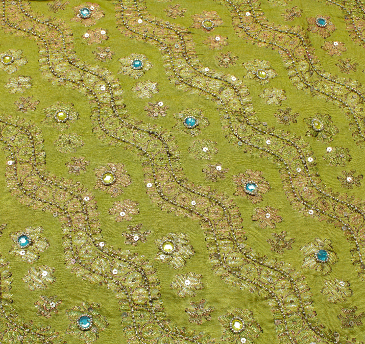 Sushila Vintage Green Saree Pure Silk Hand Beaded & Woven Floral Sari Fabric