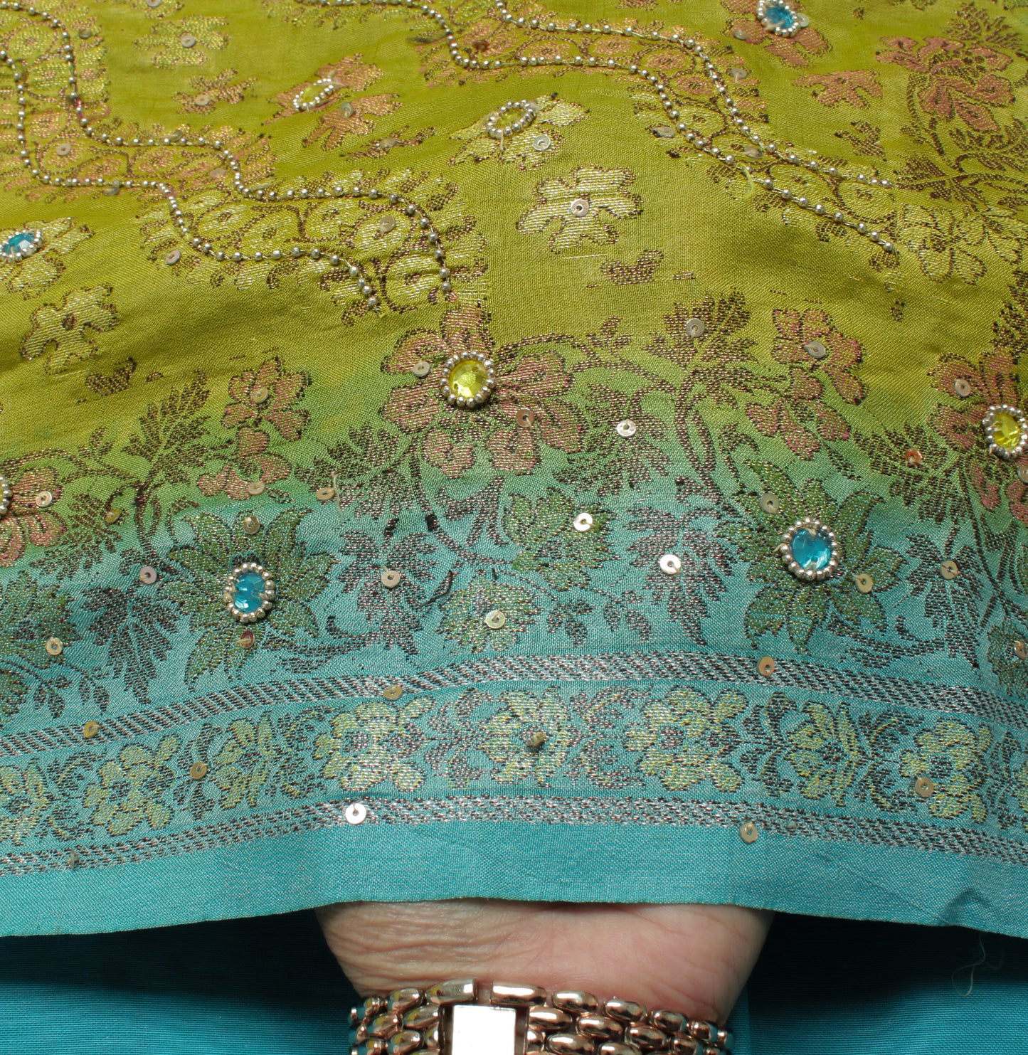 Sushila Vintage Green Saree Pure Silk Hand Beaded & Woven Floral Sari Fabric