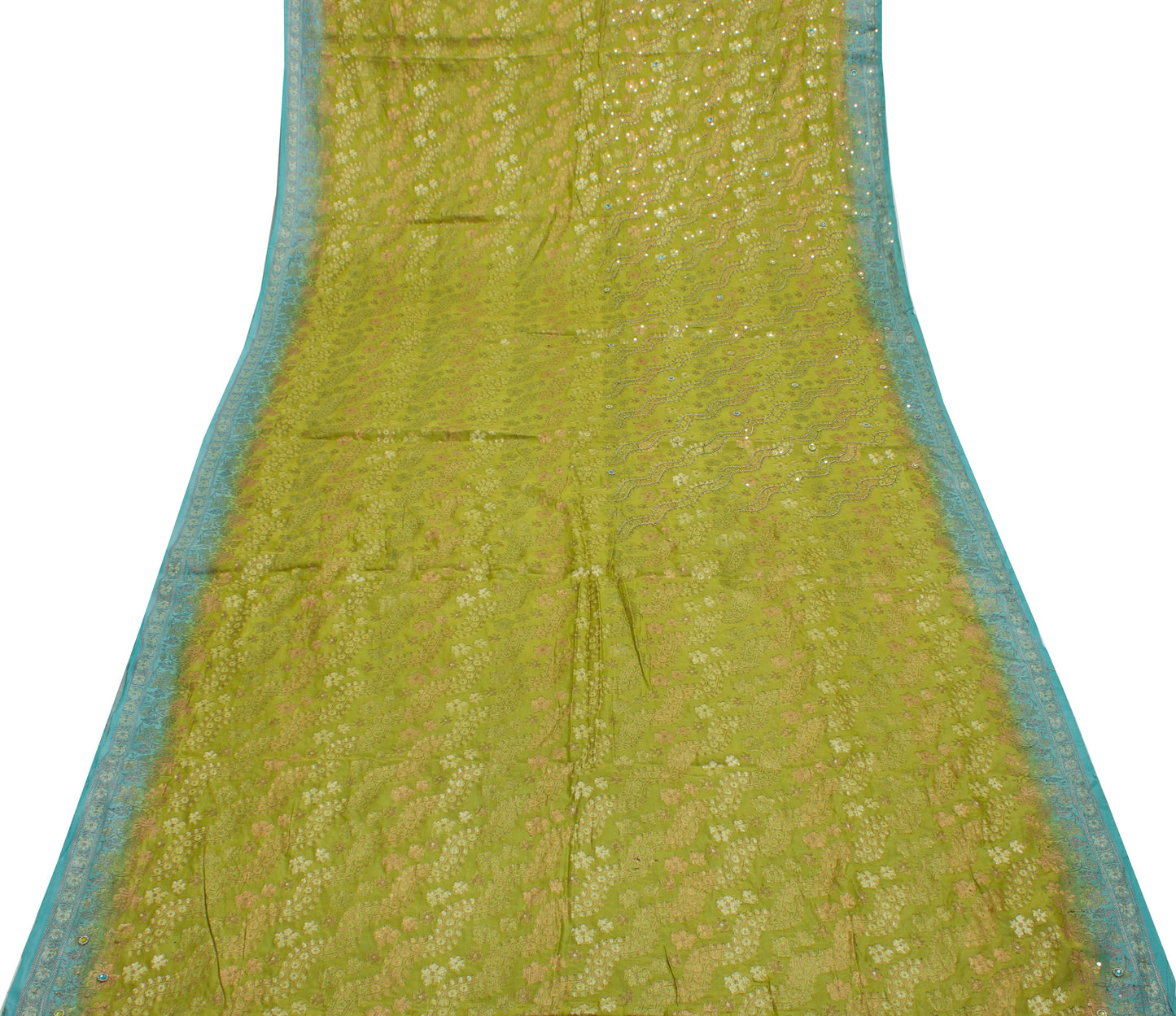 Sushila Vintage Green Saree Pure Silk Hand Beaded & Woven Floral Sari Fabric