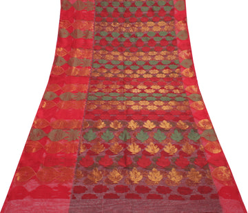 Sushila Vintage Maroon Indian Saree Net Mesh All Over Woven Floral Sari Fabric