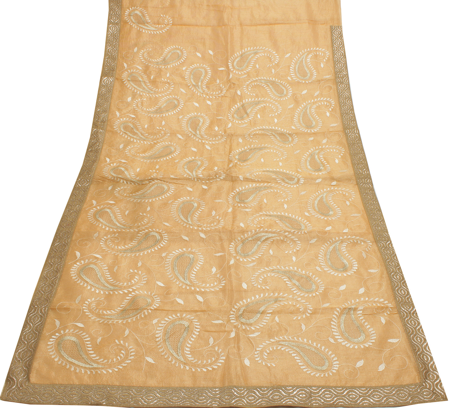 Sushila Vintage Orange Saree 100% Pure Silk Embroidered Paisley Sari Fabric