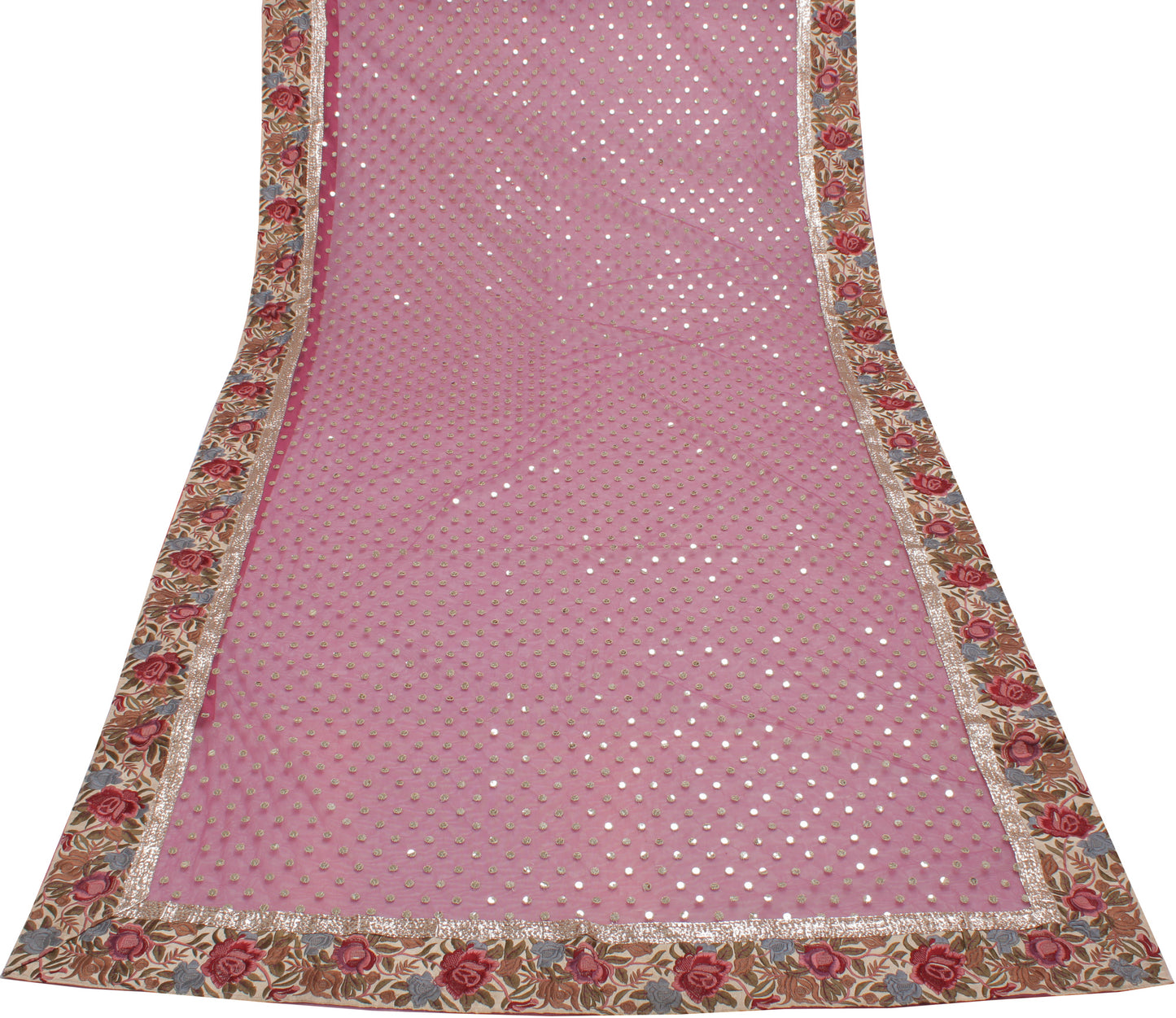 Sushila Vintage Sequins Motifs Saree Parsi Gara Embroidered Border Net Mesh 6 Yard Sari Fabric
