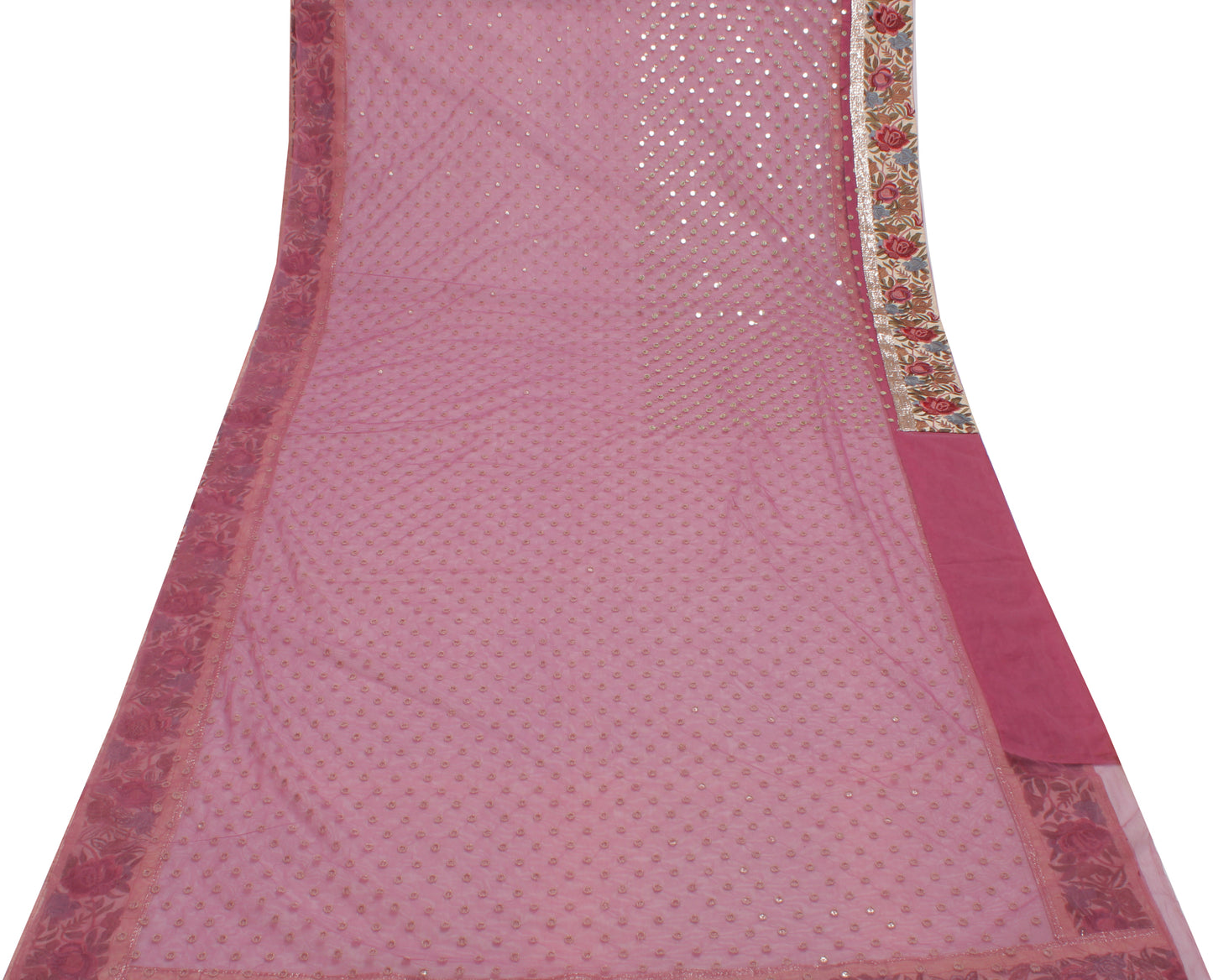 Sushila Vintage Sequins Motifs Saree Parsi Gara Embroidered Border Net Mesh 6 Yard Sari Fabric