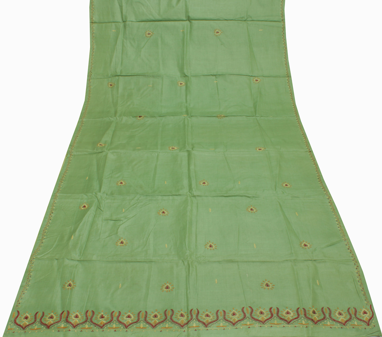 Sushila Vintage Green Saree Pure Silk Hand Embroidered Floral Sari Craft Fabric