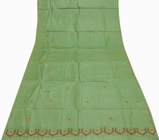 Sushila Vintage Green Saree Pure Silk Hand Embroidered Floral Sari Craft Fabric