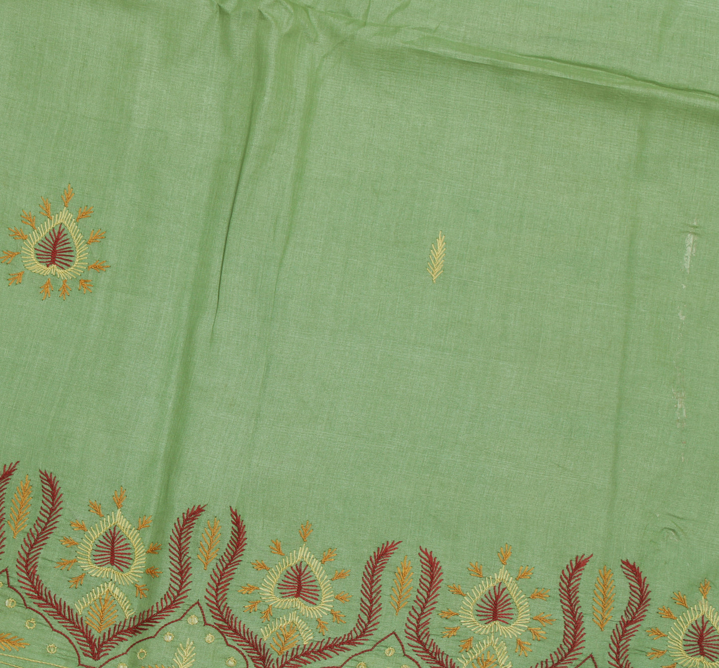 Sushila Vintage Green Saree Pure Silk Hand Embroidered Floral Sari Craft Fabric