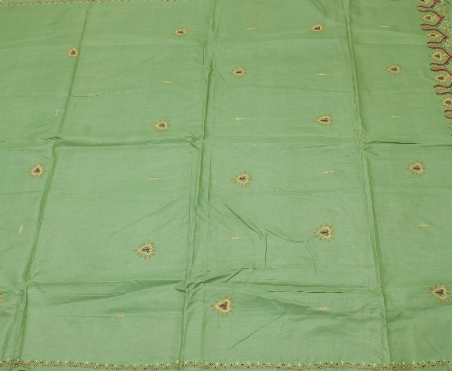 Sushila Vintage Green Saree Pure Silk Hand Embroidered Floral Sari Craft Fabric