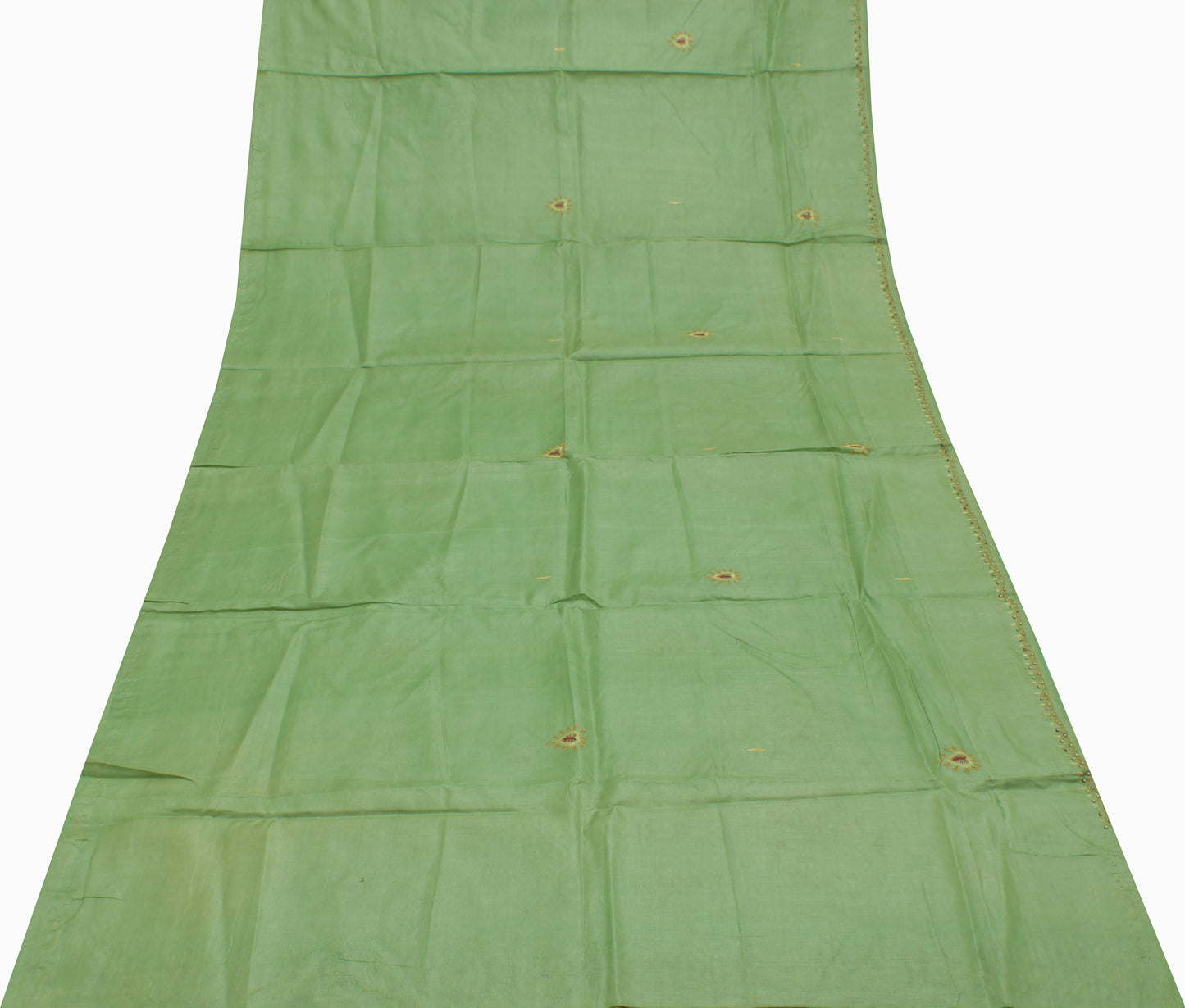Sushila Vintage Green Saree Pure Silk Hand Embroidered Floral Sari Craft Fabric