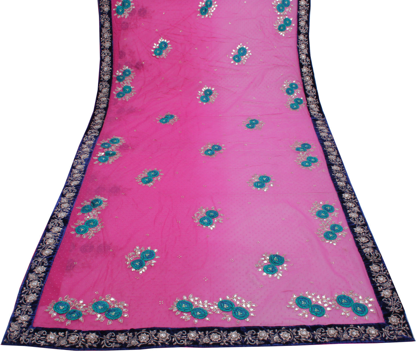Sushila Vintage HEAVY Pink Saree Pure Georgette Silk Embroidered with Velvet Border Floral Designer Sari Craft Fabric