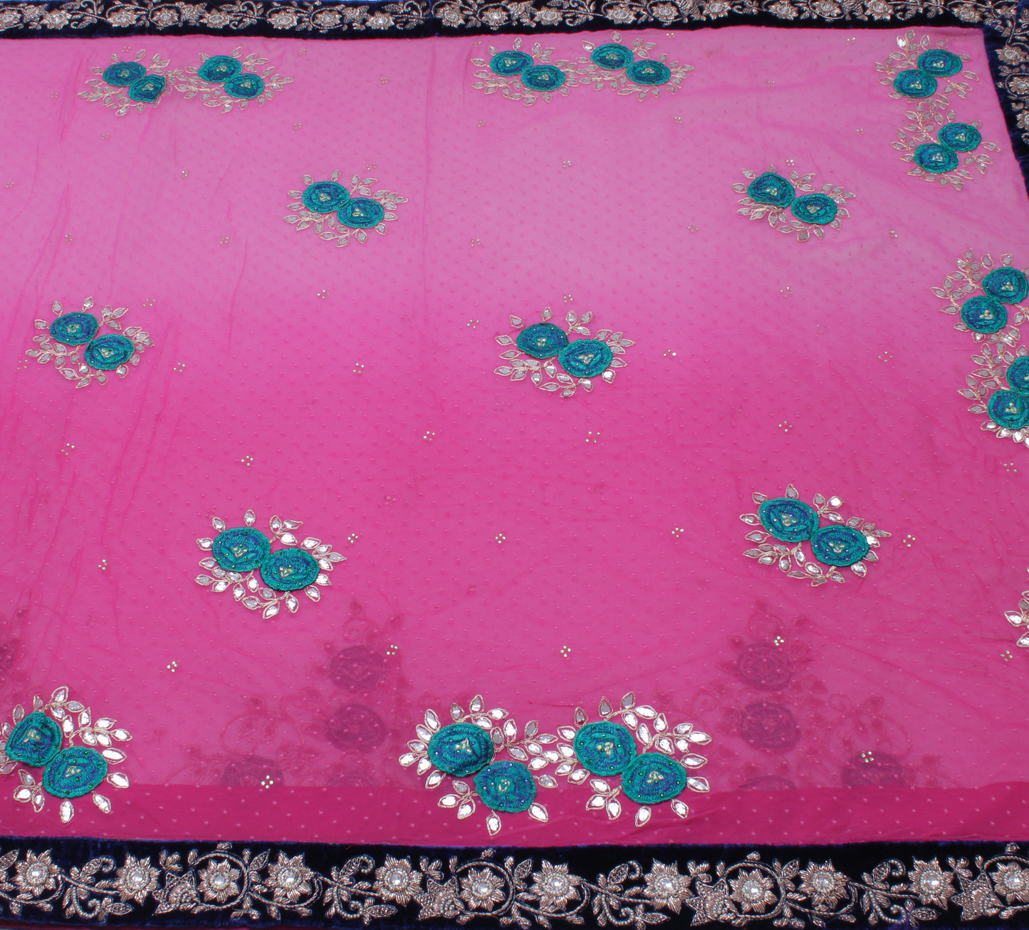 Sushila Vintage HEAVY Pink Saree Pure Georgette Silk Embroidered with Velvet Border Floral Designer Sari Craft Fabric