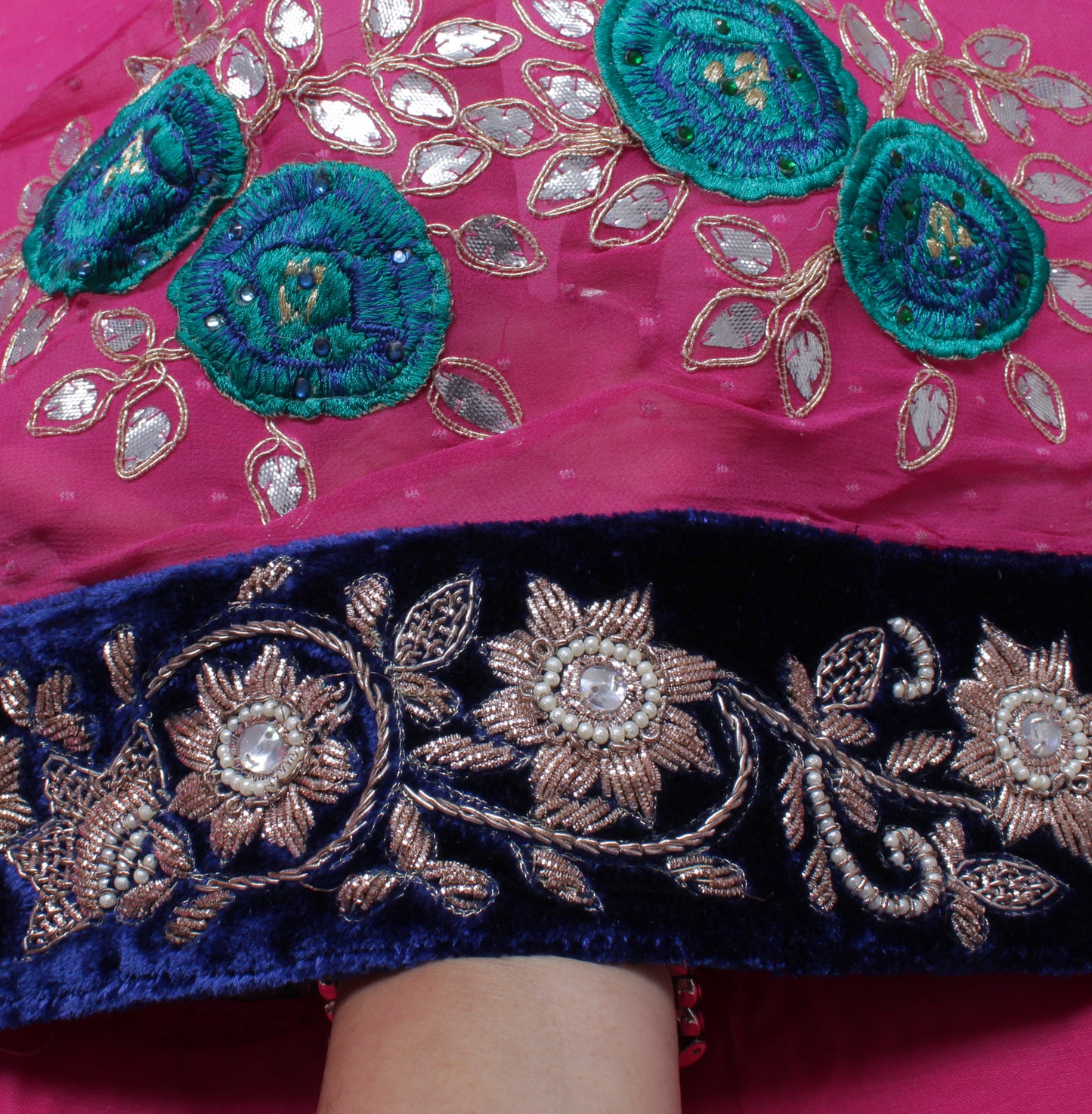 Sushila Vintage HEAVY Pink Saree Pure Georgette Silk Embroidered with Velvet Border Floral Designer Sari Craft Fabric
