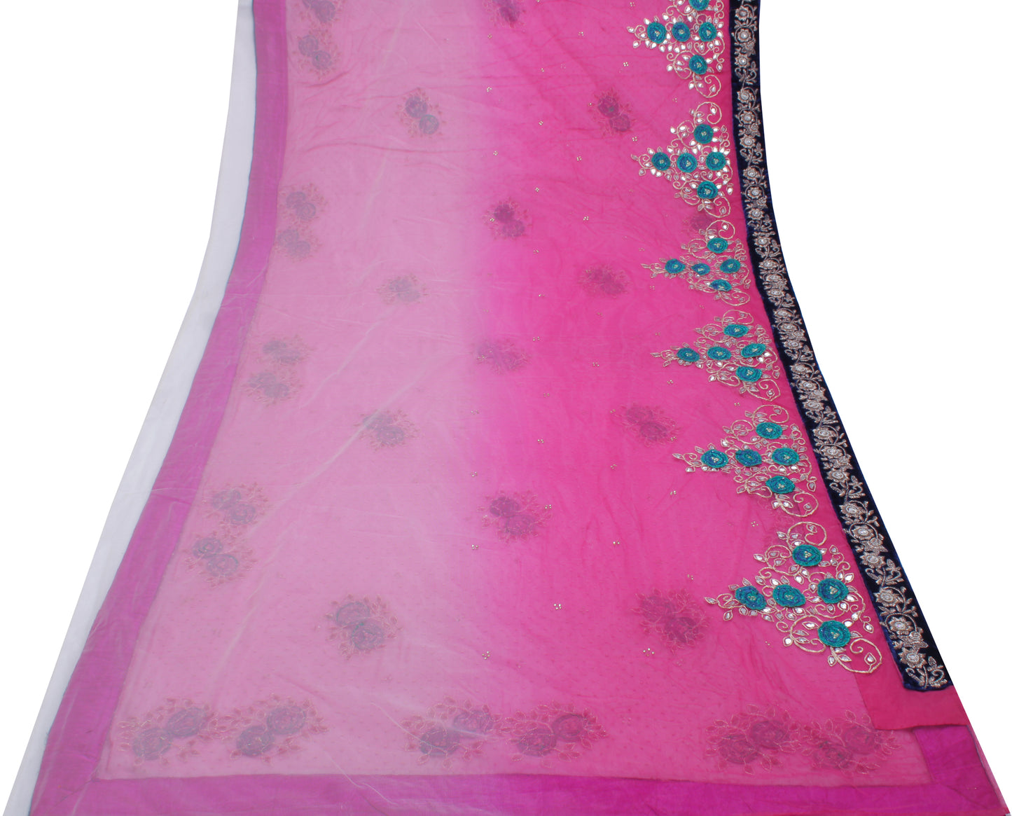 Sushila Vintage HEAVY Pink Saree Pure Georgette Silk Embroidered with Velvet Border Floral Designer Sari Craft Fabric