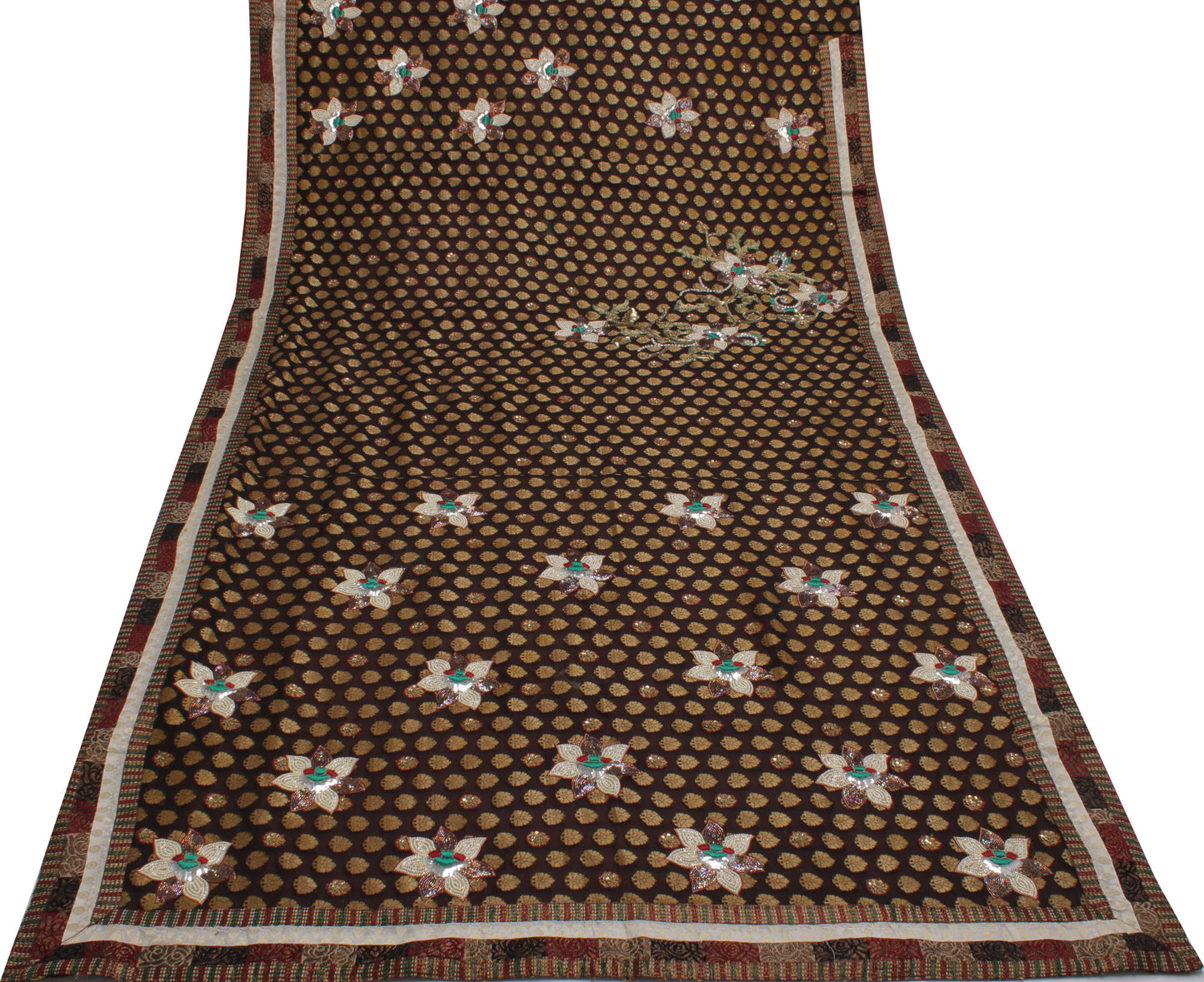 Sushila Vintage Garnet Saree Pure Georgette Silk Woven Floral Sari Craft Fabric