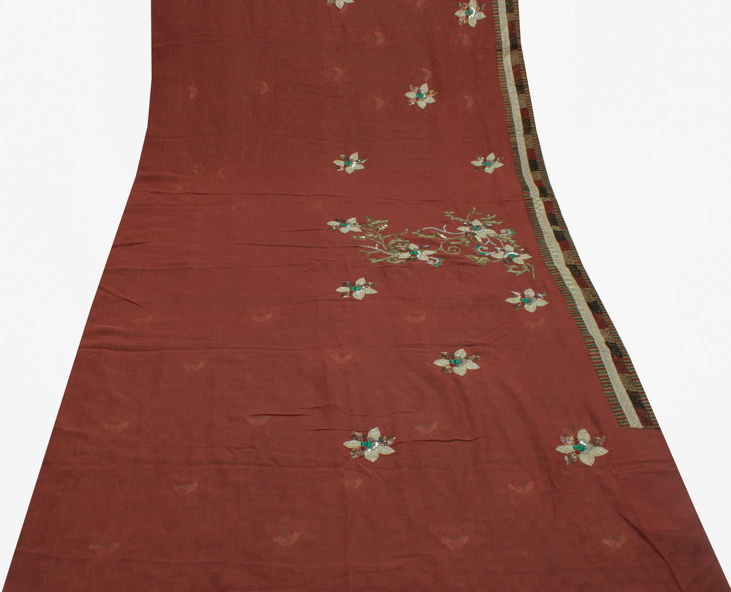 Sushila Vintage Garnet Saree Pure Georgette Silk Woven Floral Sari Craft Fabric
