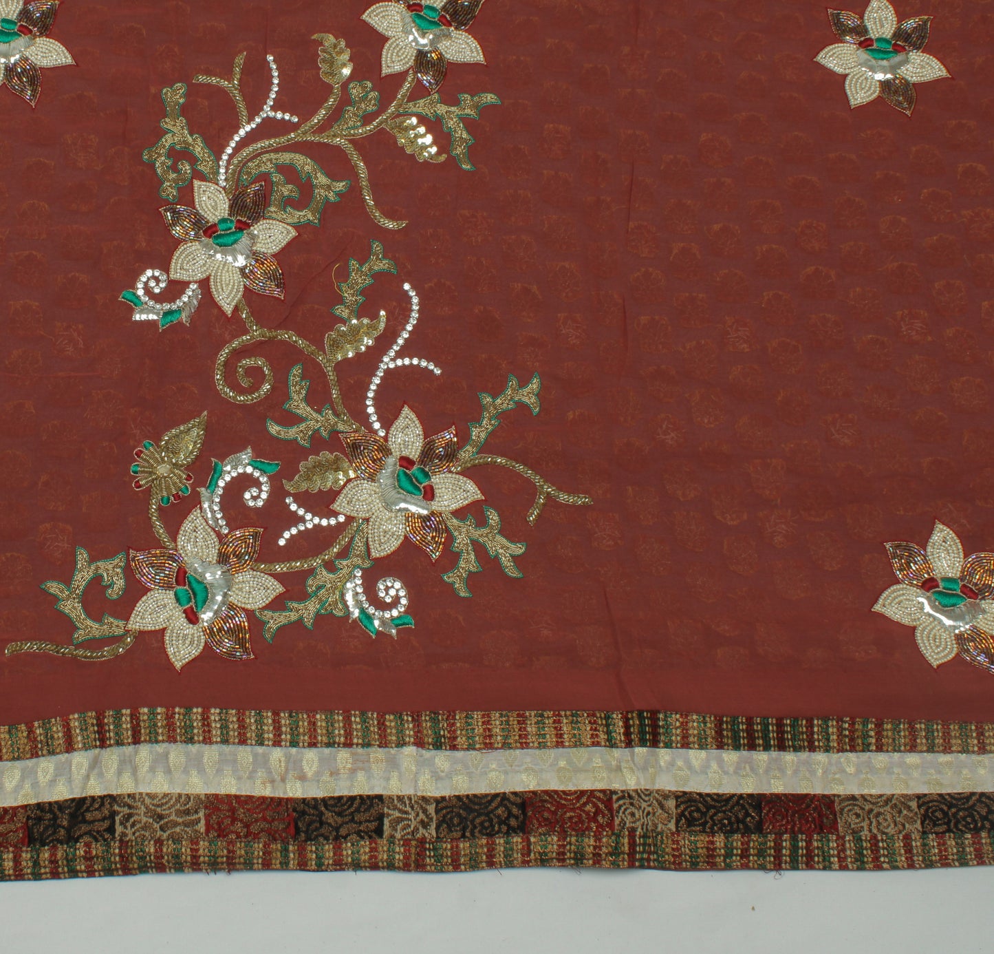 Sushila Vintage Garnet Saree Pure Georgette Silk Woven Floral Sari Craft Fabric