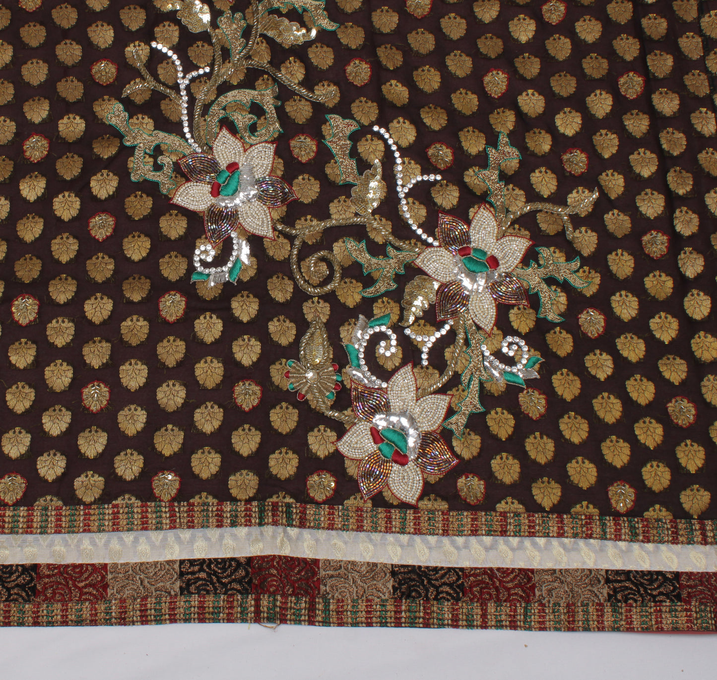 Sushila Vintage Garnet Saree Pure Georgette Silk Woven Floral Sari Craft Fabric