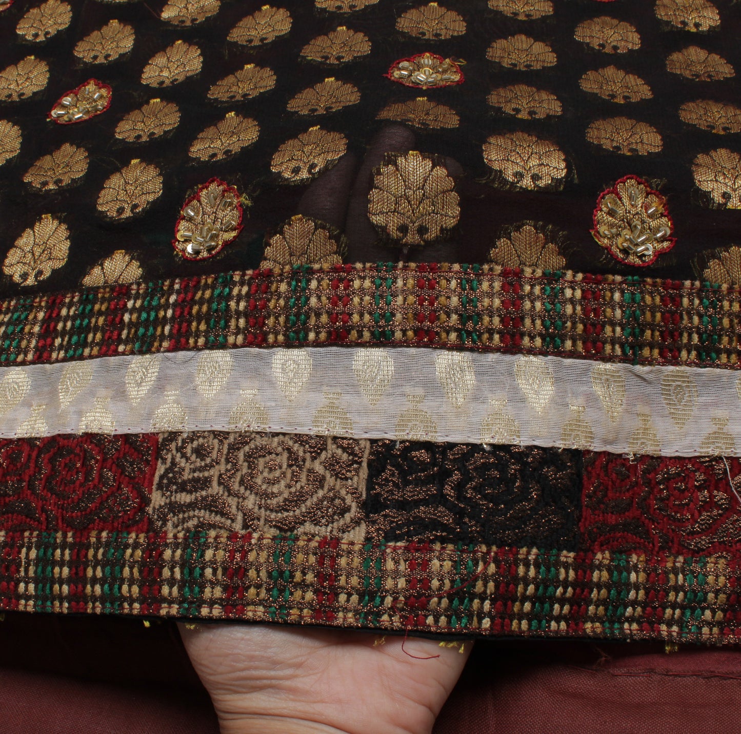 Sushila Vintage Garnet Saree Pure Georgette Silk Woven Floral Sari Craft Fabric
