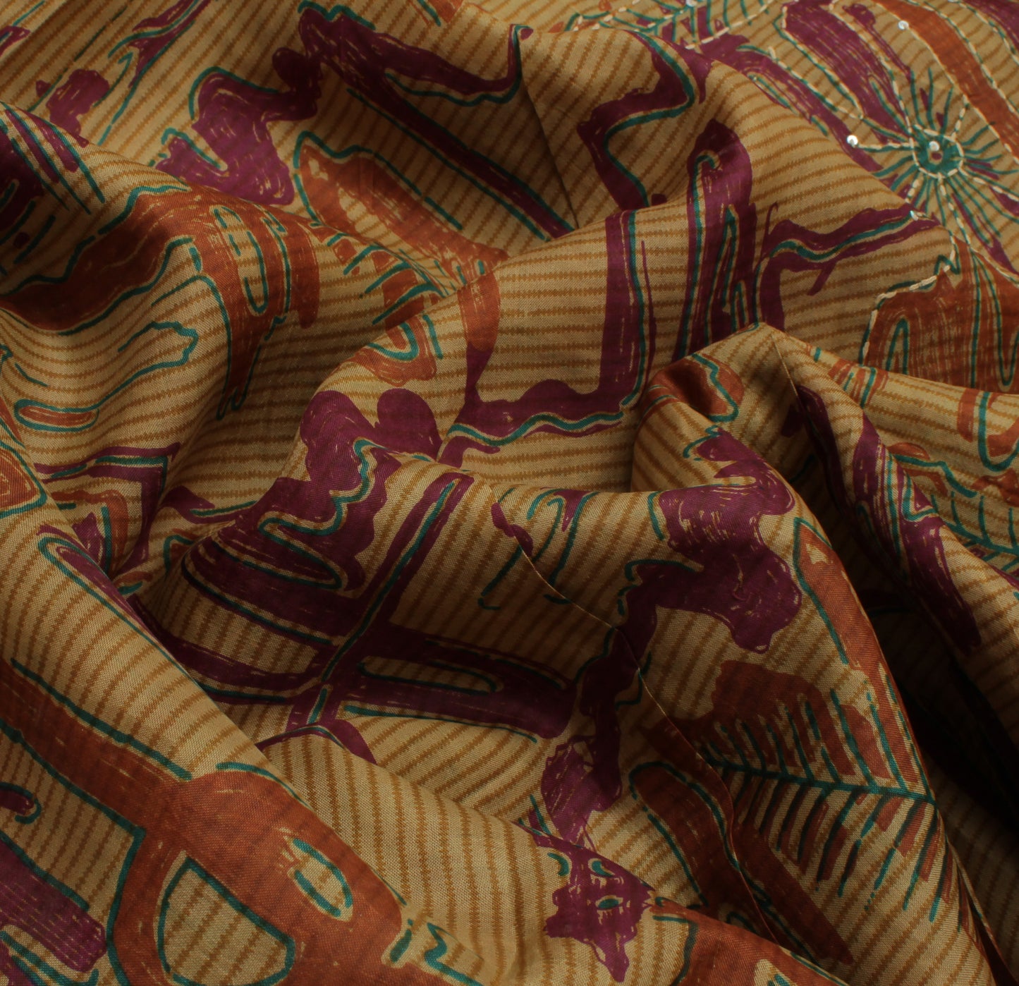 Sushila Vintage Brown Indian Saree Pure Silk Hand Embroidered Kantha Sari Fabric