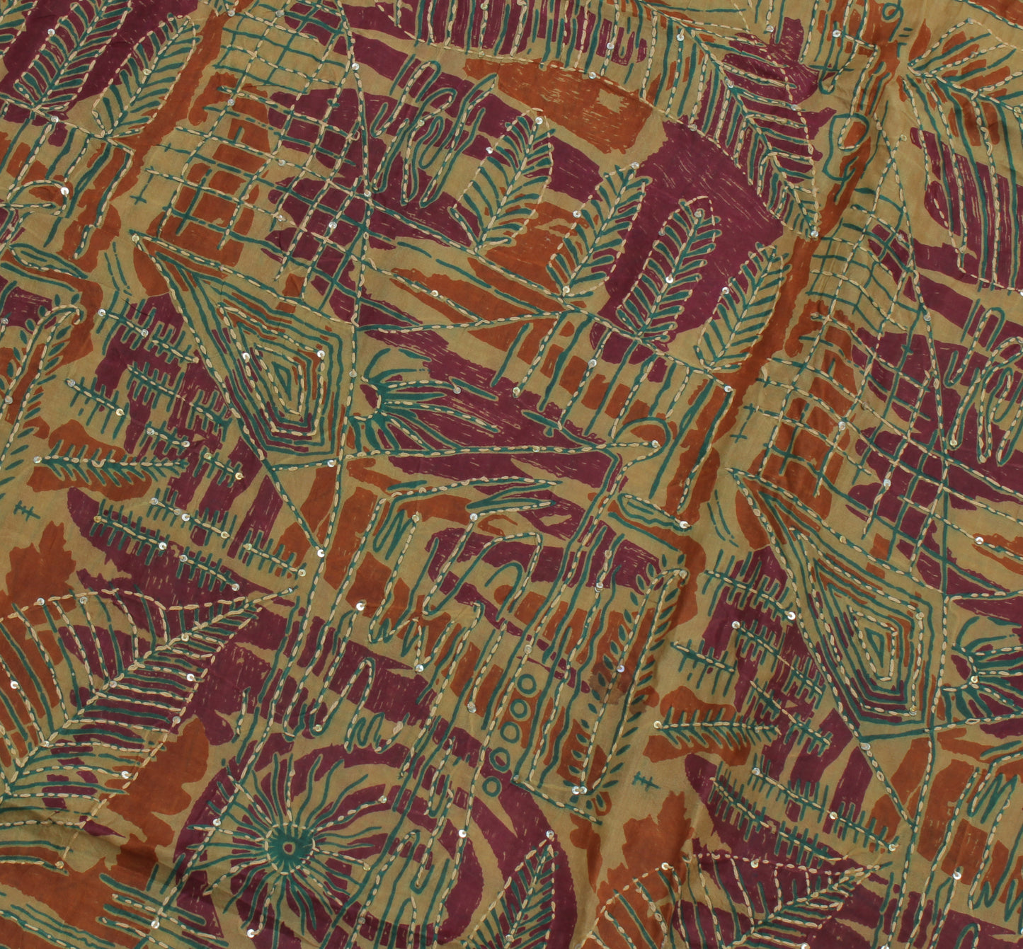 Sushila Vintage Brown Indian Saree Pure Silk Hand Embroidered Kantha Sari Fabric