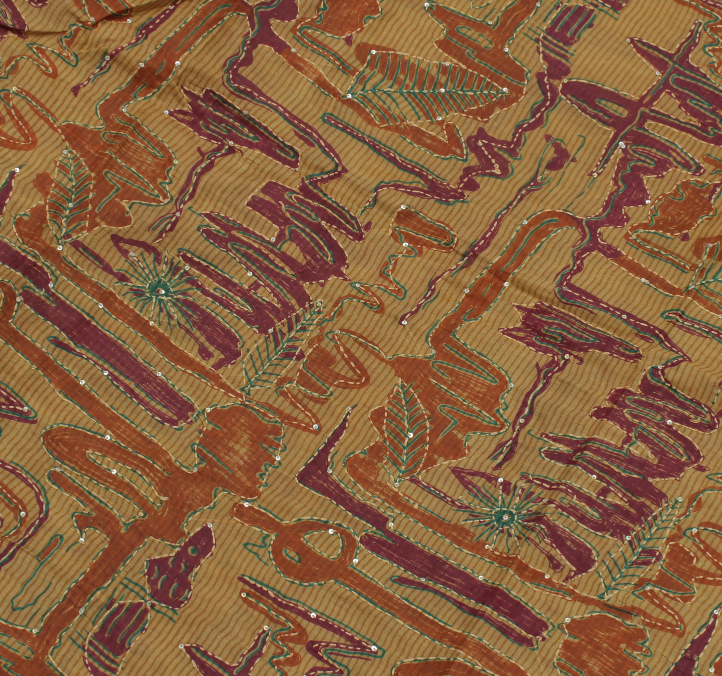 Sushila Vintage Brown Indian Saree Pure Silk Hand Embroidered Kantha Sari Fabric