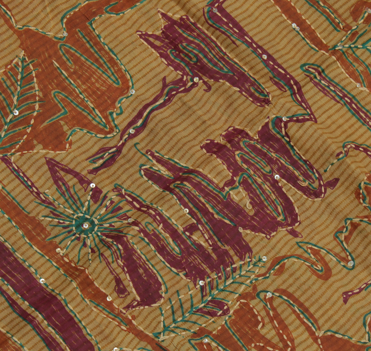 Sushila Vintage Brown Indian Saree Pure Silk Hand Embroidered Kantha Sari Fabric