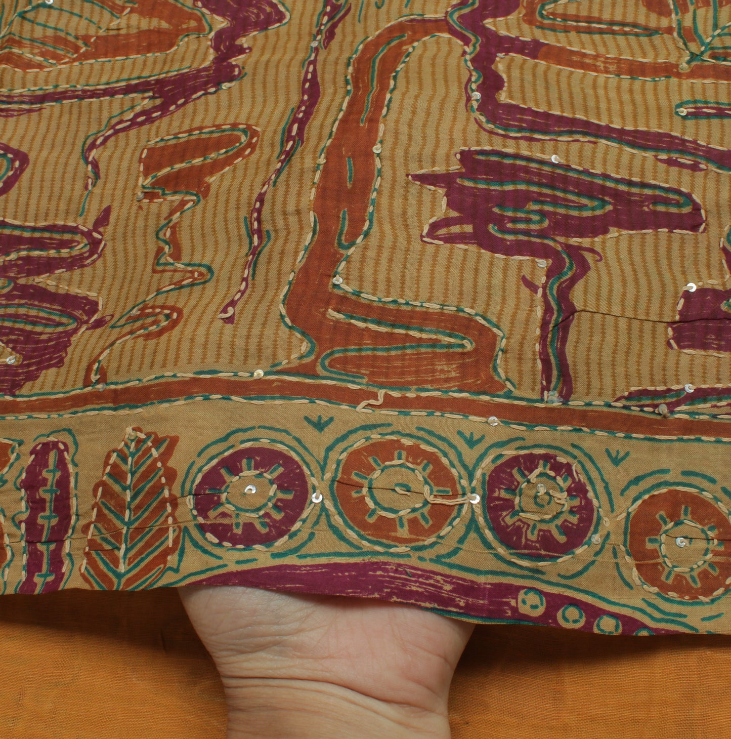 Sushila Vintage Brown Indian Saree Pure Silk Hand Embroidered Kantha Sari Fabric