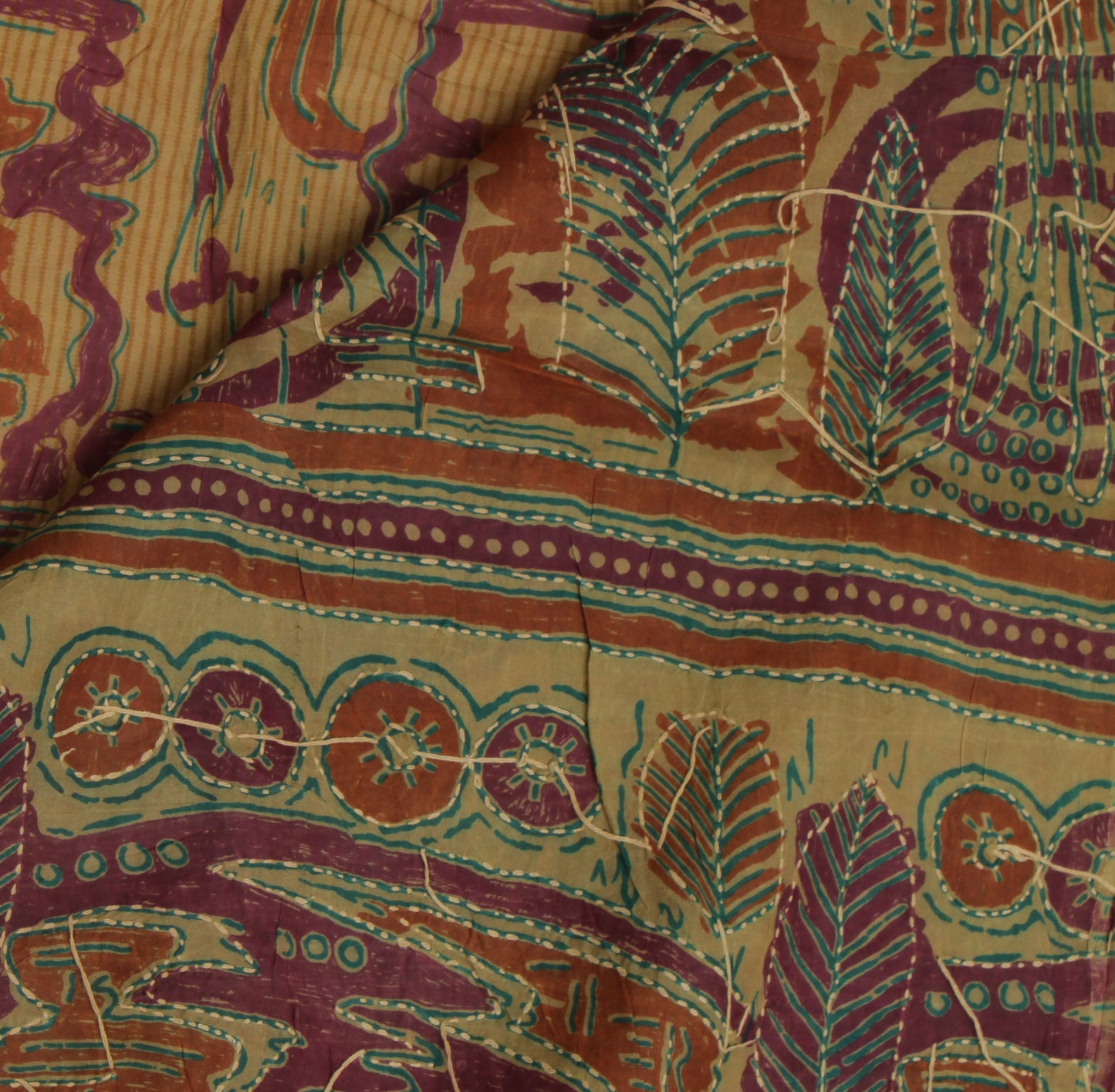 Sushila Vintage Brown Indian Saree Pure Silk Hand Embroidered Kantha Sari Fabric