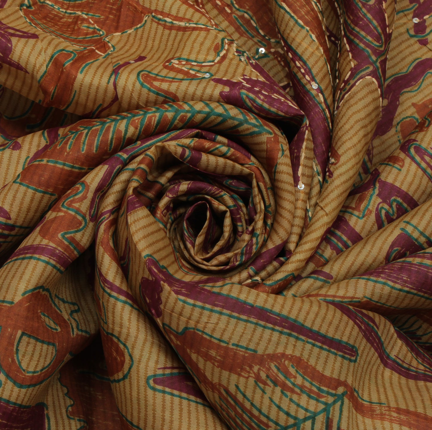 Sushila Vintage Brown Indian Saree Pure Silk Hand Embroidered Kantha Sari Fabric