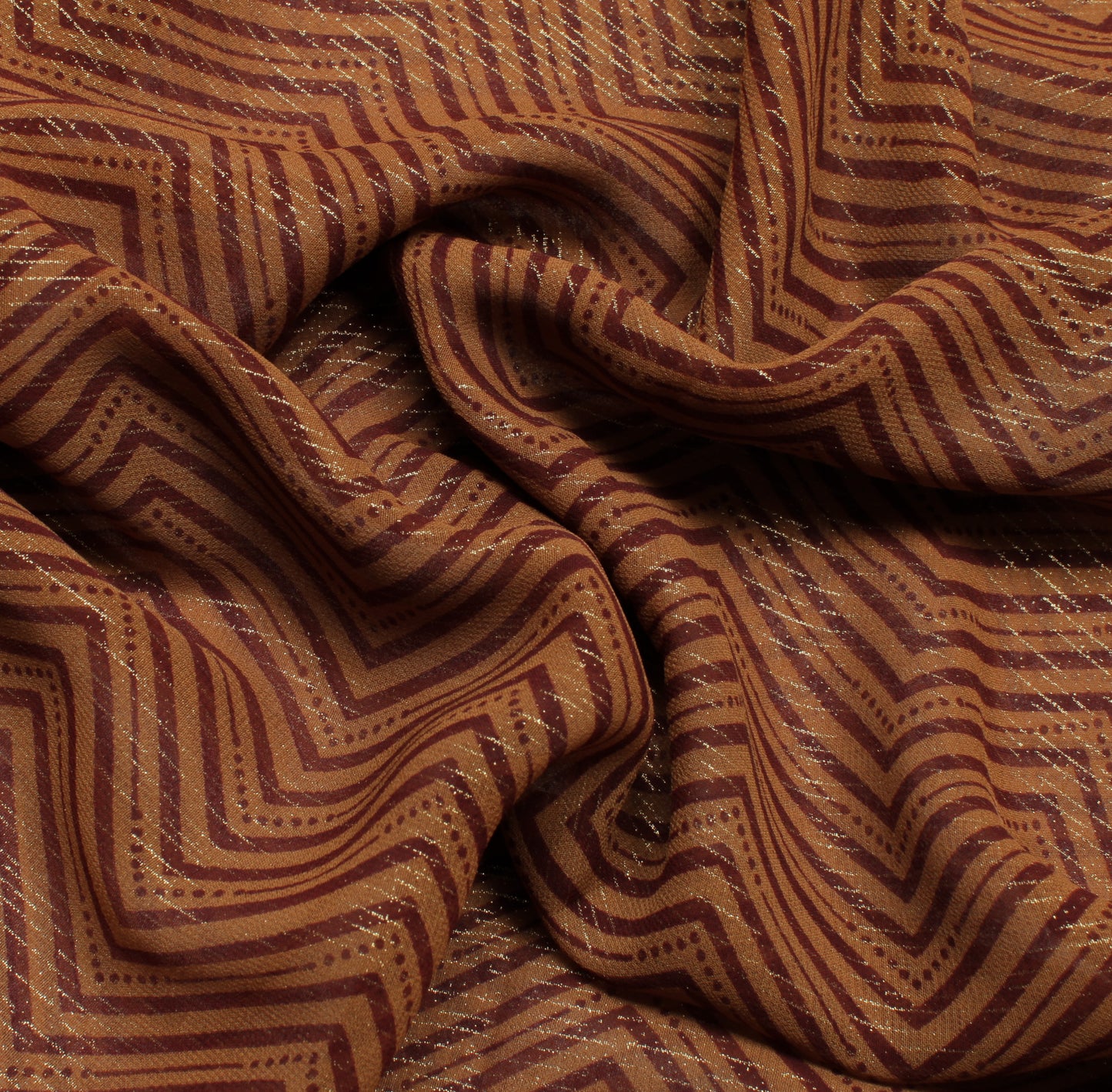 Sushila Vintage Brown Saree Blend Georgette Silk Printed Zig-Zag Sari Fabric