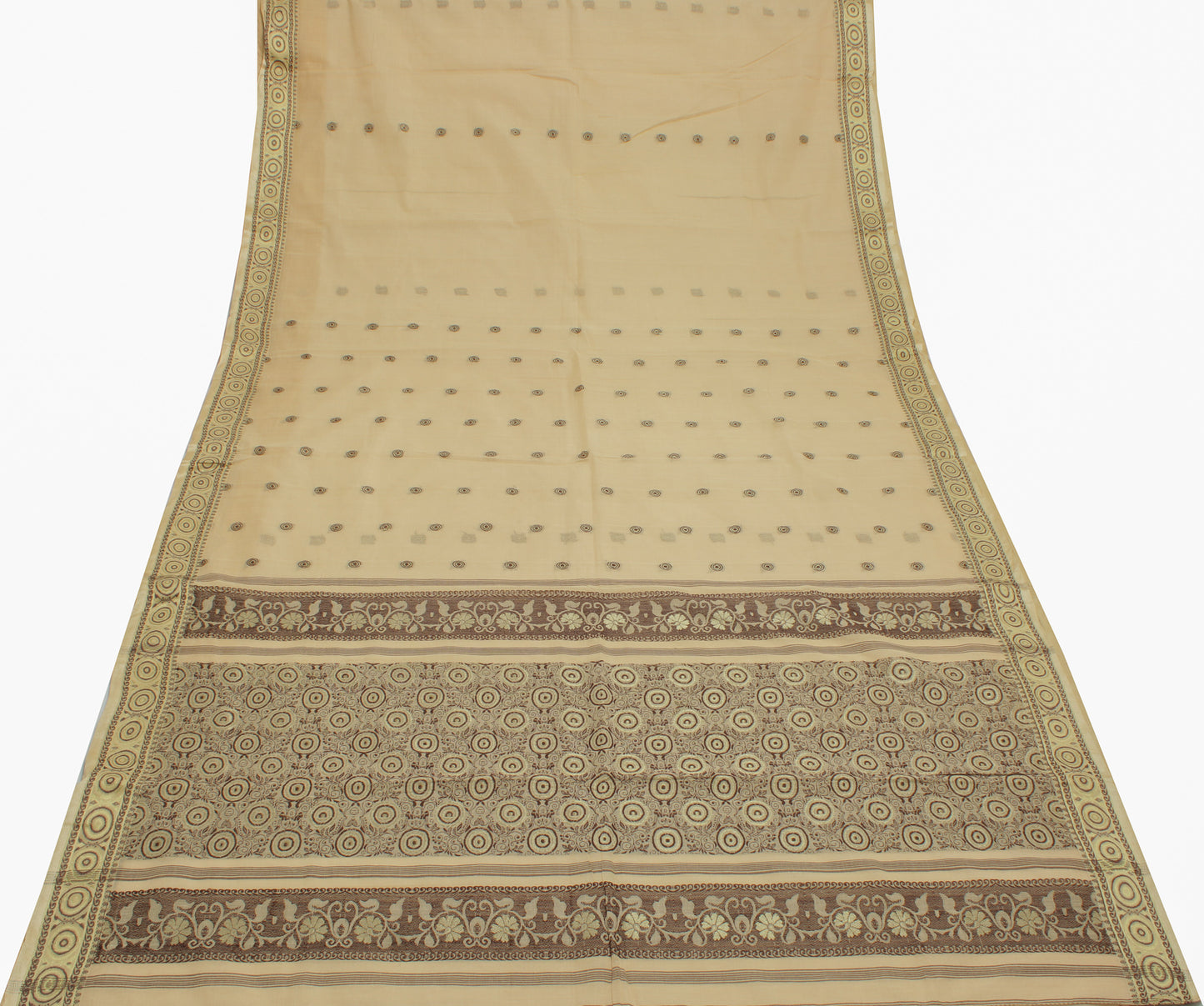 Sushila Vintage Beige Indian Saree 100% Pure Cotton Woven Sari Craft Fabric