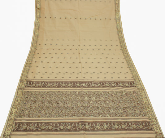 Sushila Vintage Beige Indian Saree 100% Pure Cotton Woven Sari Craft Fabric