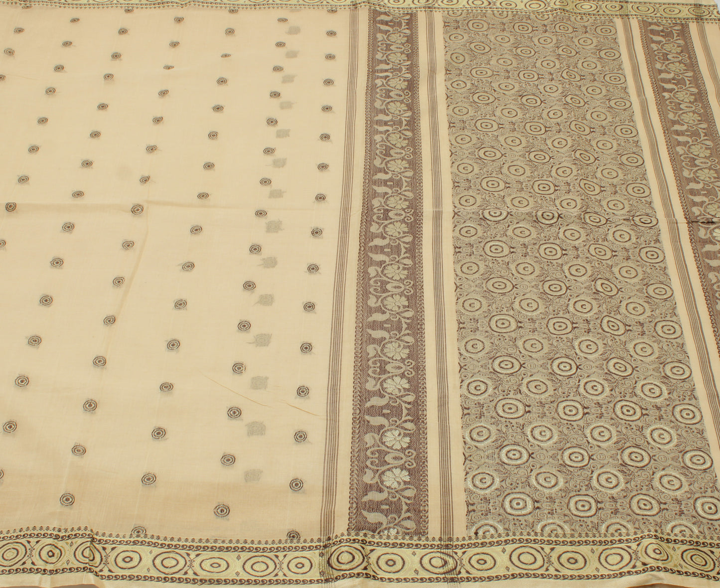 Sushila Vintage Beige Indian Saree 100% Pure Cotton Woven Sari Craft Fabric