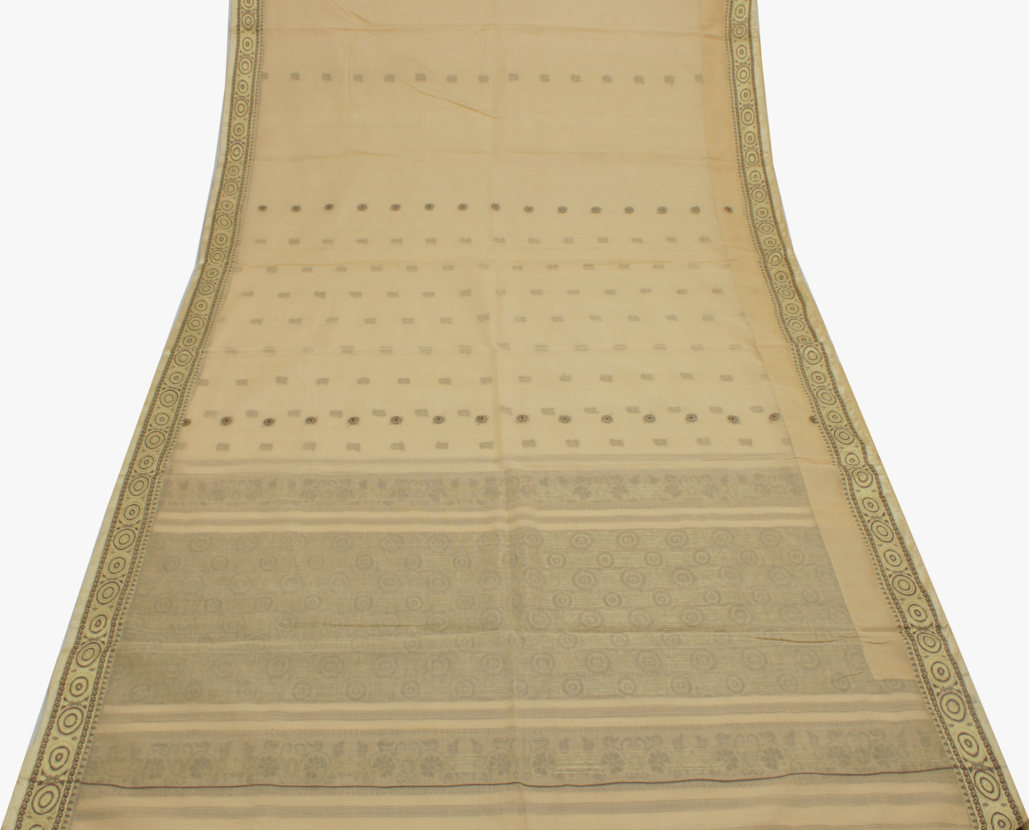 Sushila Vintage Beige Indian Saree 100% Pure Cotton Woven Sari Craft Fabric