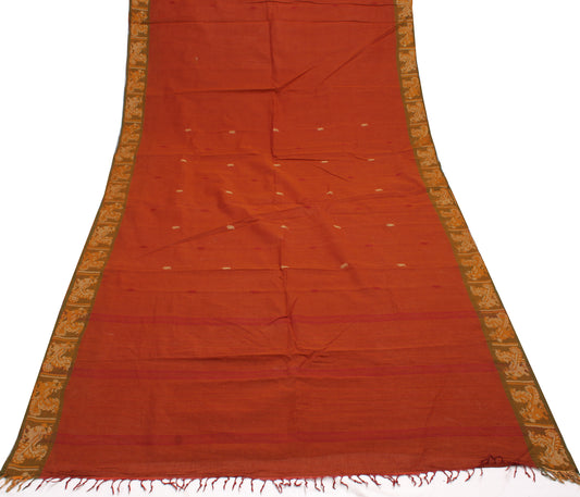 Sushila Vintage Rust Indian Saree 100% Pure Cotton Woven Sari Craft 5 YD Fabric
