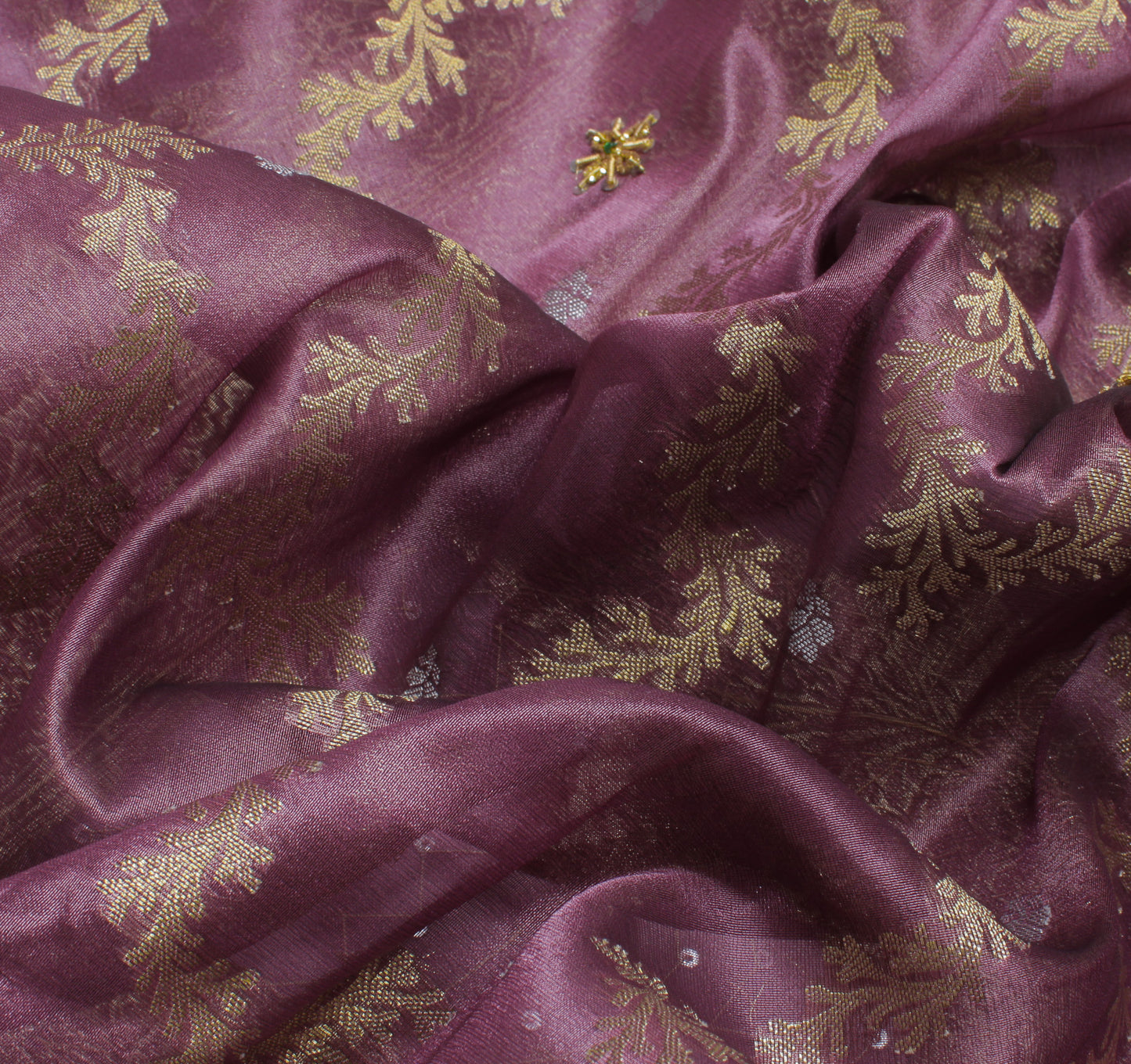 Sushila Vintage Mauve Saree Blend Silk Hand Beaded & Woven Floral Sari Fabric
