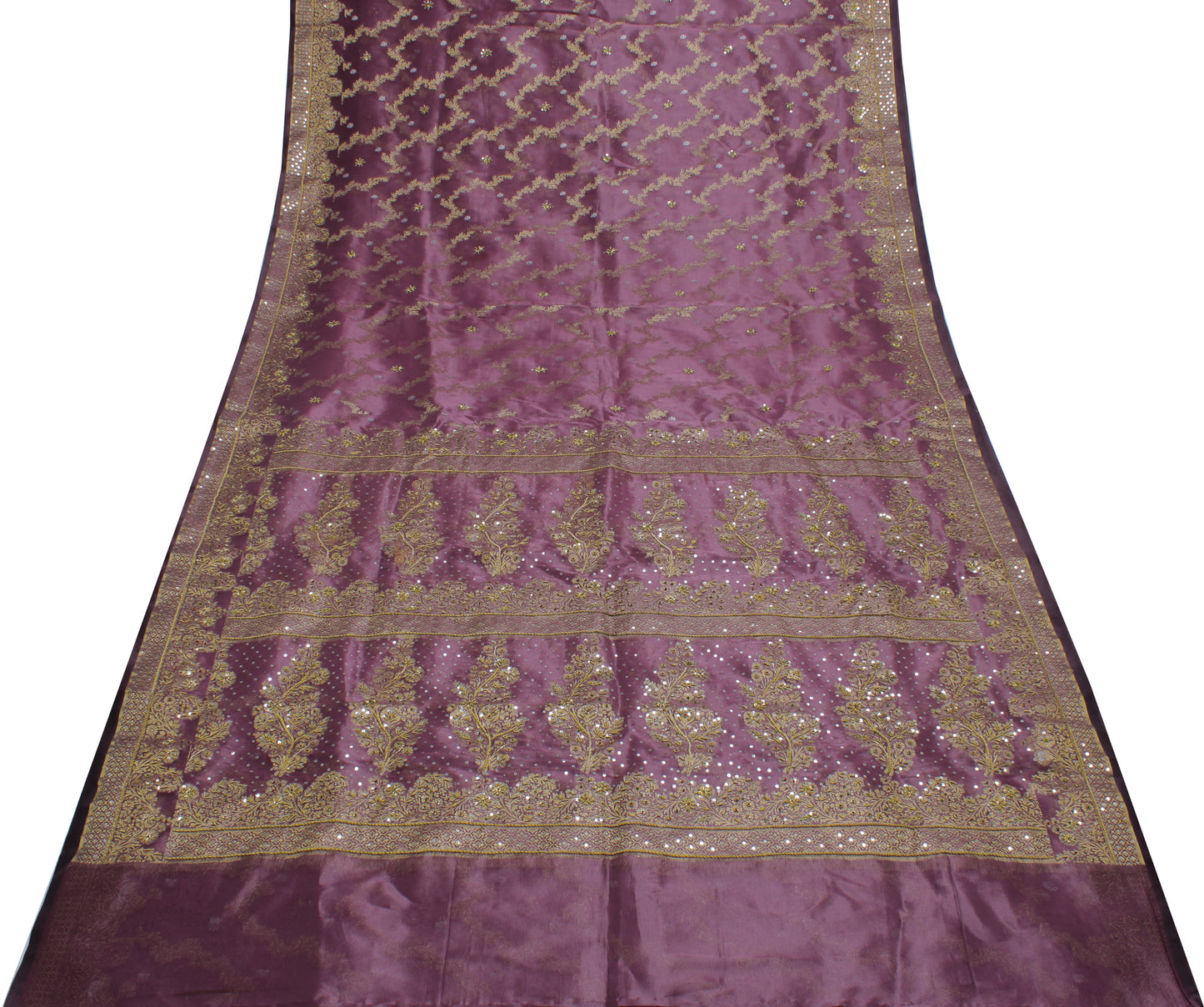 Sushila Vintage Mauve Saree Blend Silk Hand Beaded & Woven Floral Sari Fabric