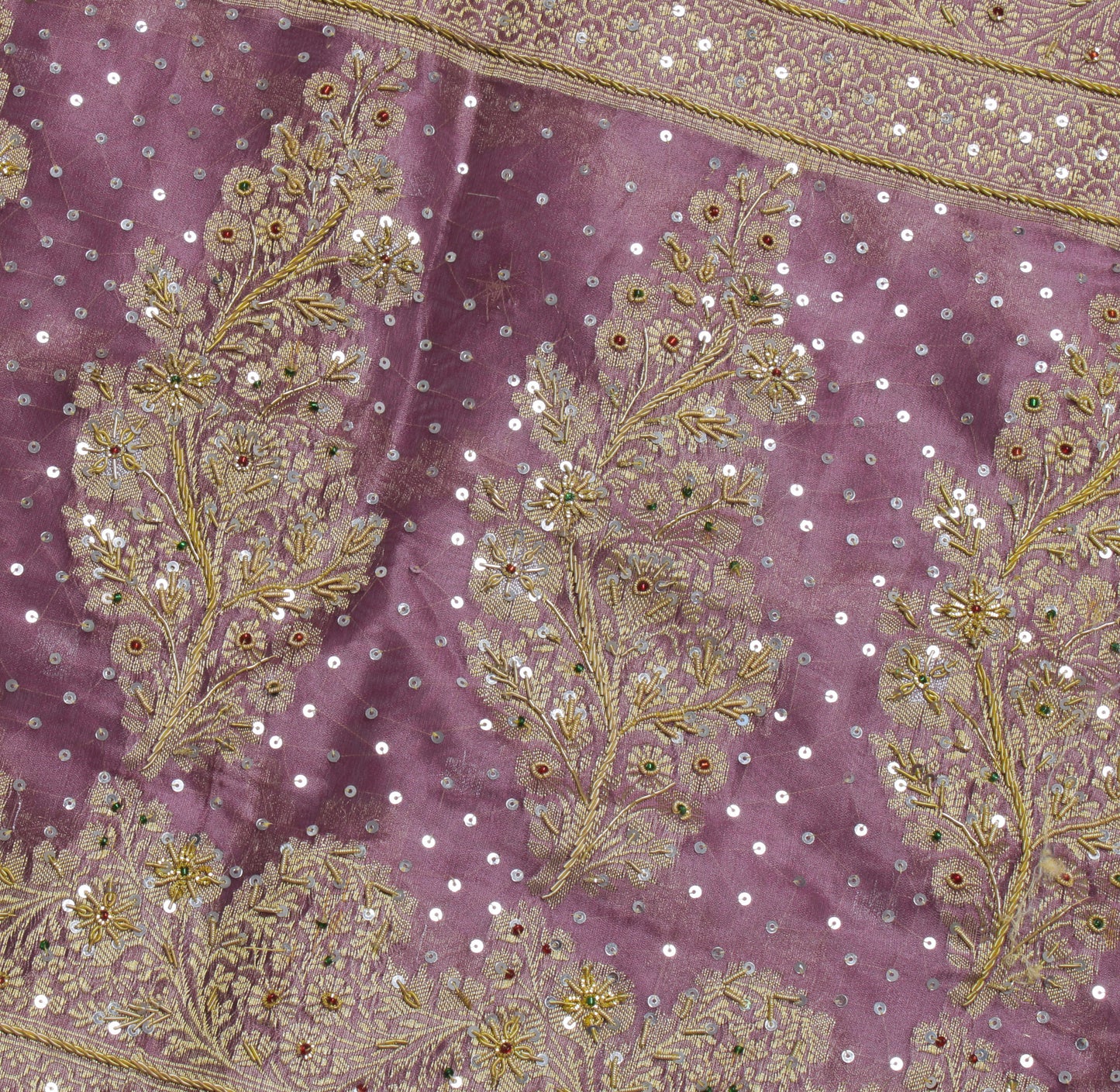 Sushila Vintage Mauve Saree Blend Silk Hand Beaded & Woven Floral Sari Fabric