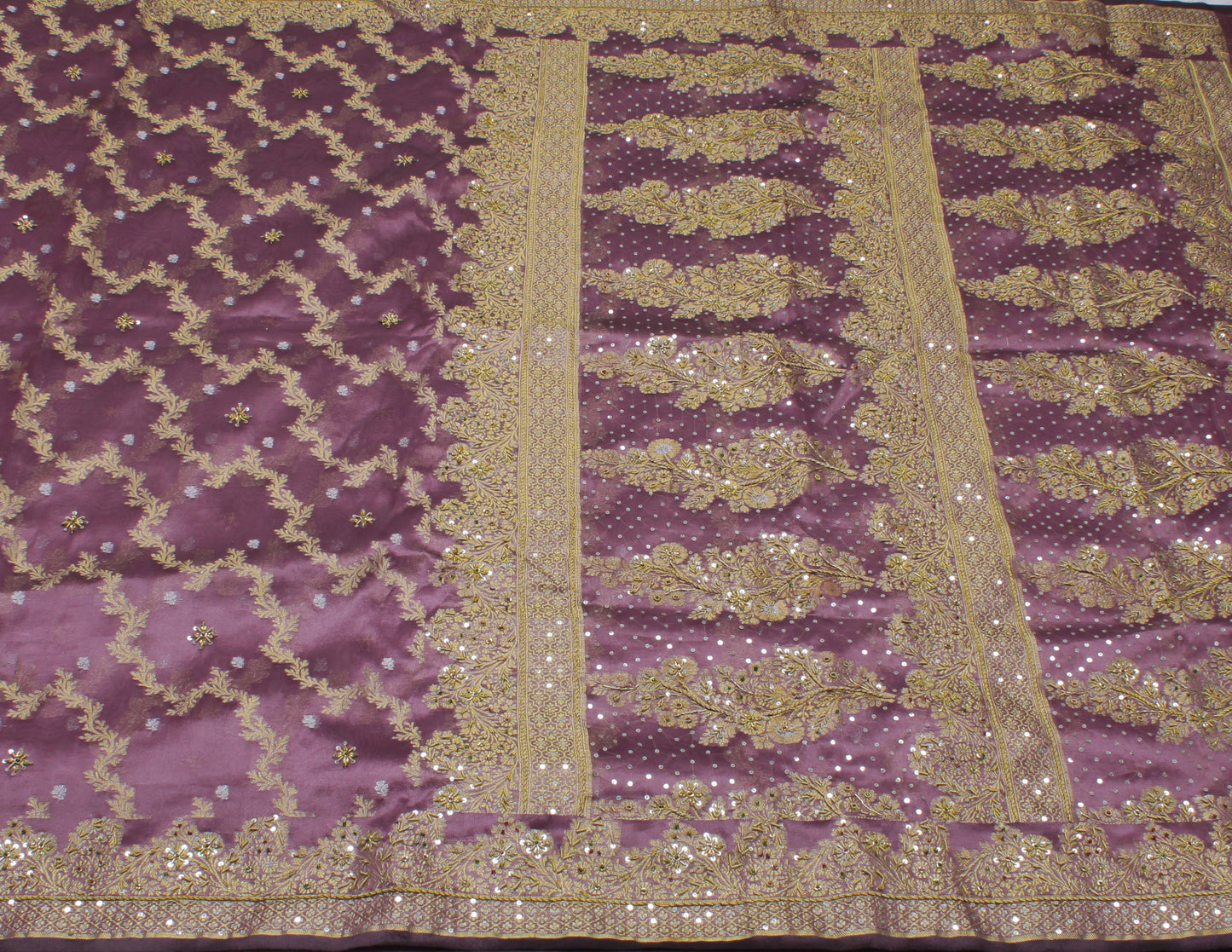 Sushila Vintage Mauve Saree Blend Silk Hand Beaded & Woven Floral Sari Fabric